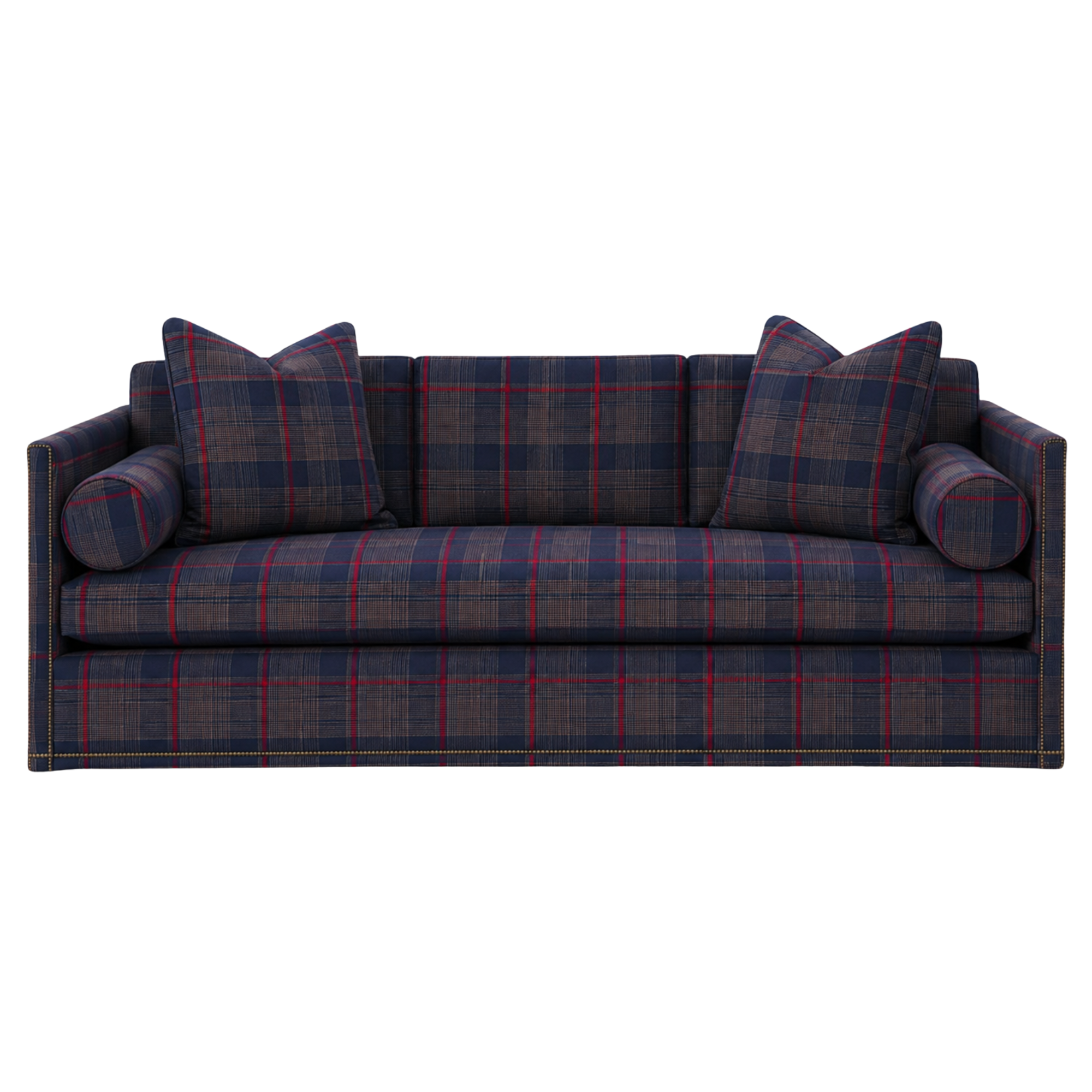 A plaid custom Kravet COM upholstered sofa with matching pillows from Highland House.