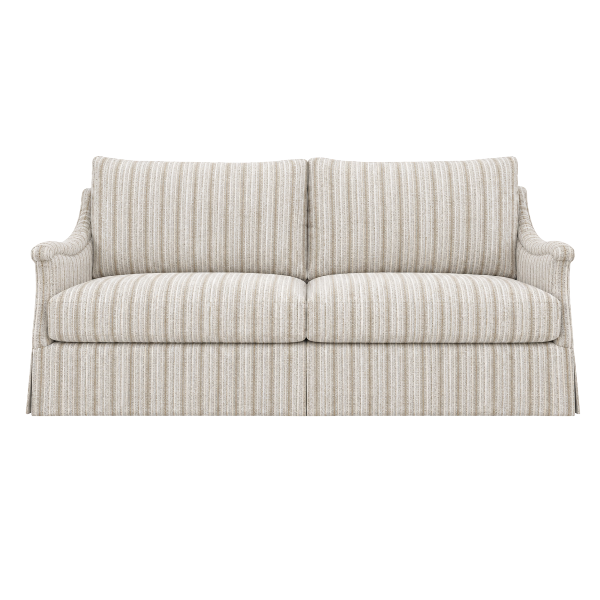 A beige, striped custom COM fabric sofa from LEE Industries with rolled arms and a slightly curved backrest upholstered in Kravet fabric.