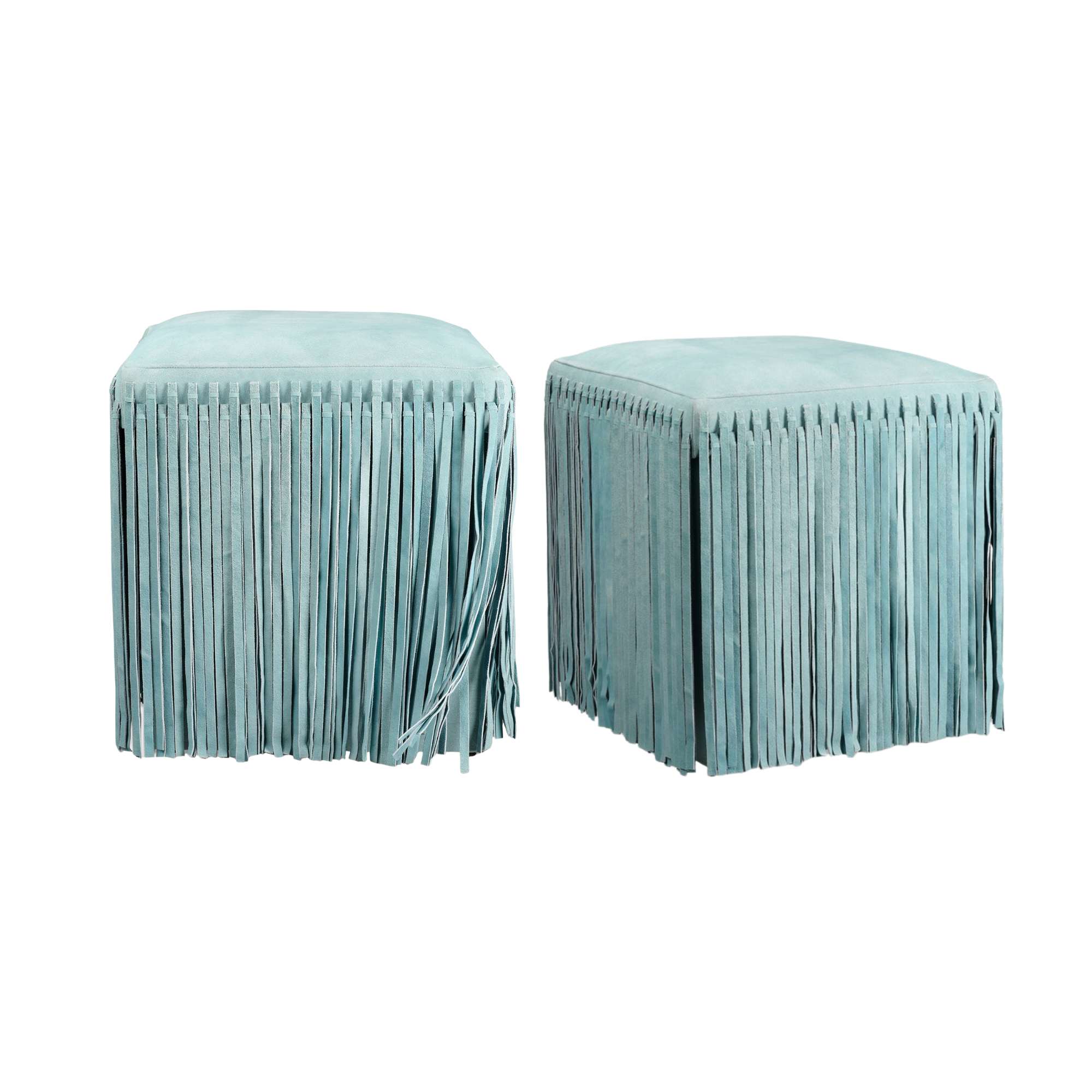 Two light blue upholstered stools with vertical striped patterns on the sides custom made by made goods furniture.