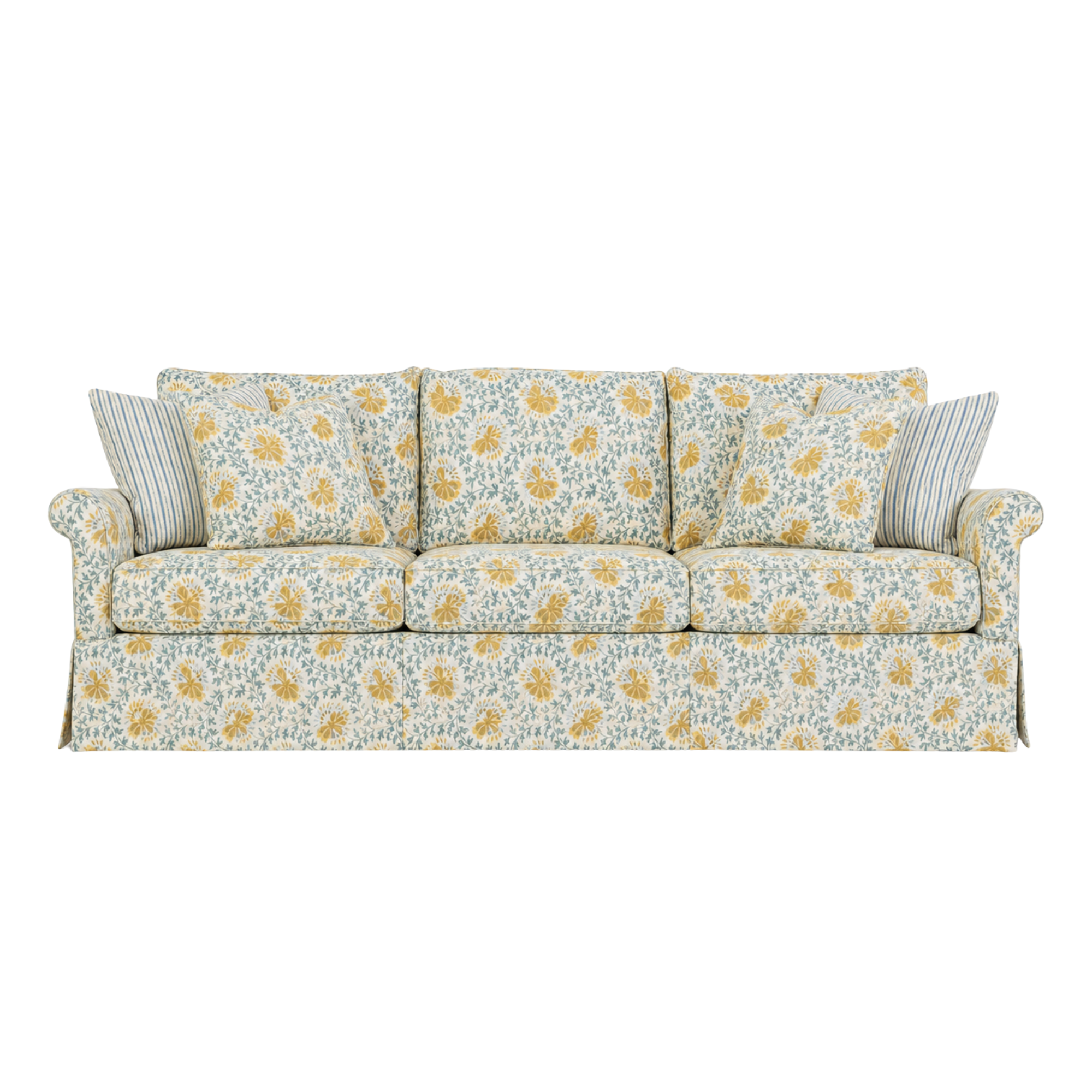 A Highland House upholstered sofa with a floral and striped fabric pattern, customized with Brook Perdigon textiles.