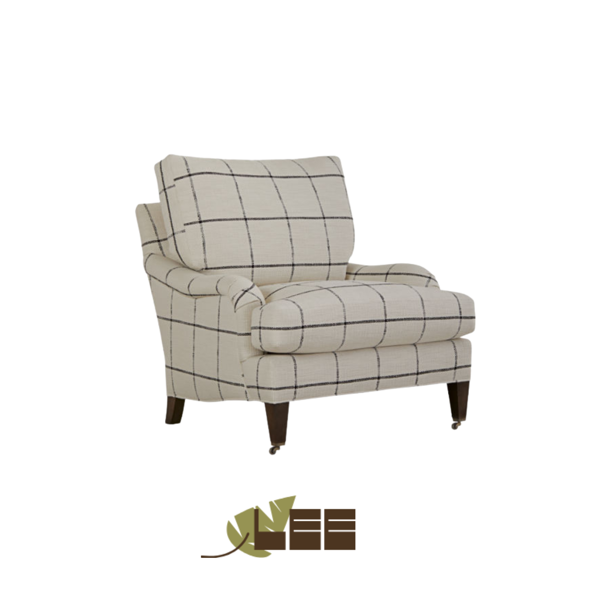 A beige armchair from LEE Industries with black grid pattern upholstery and wooden legs, facing slightly to the right.