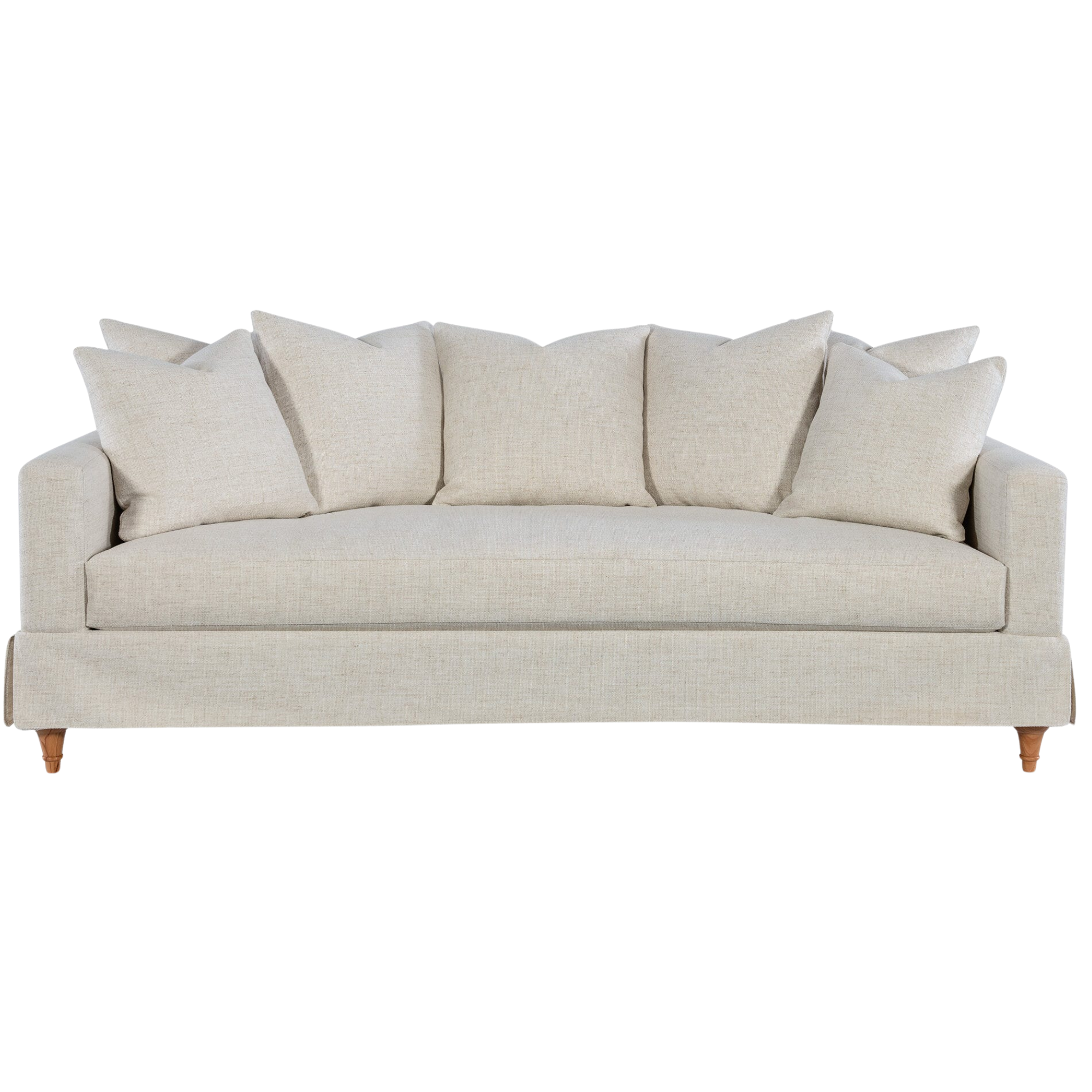 A light beige fabric sofa with wooden legs and multiple matching cushions from hooker furnishings.