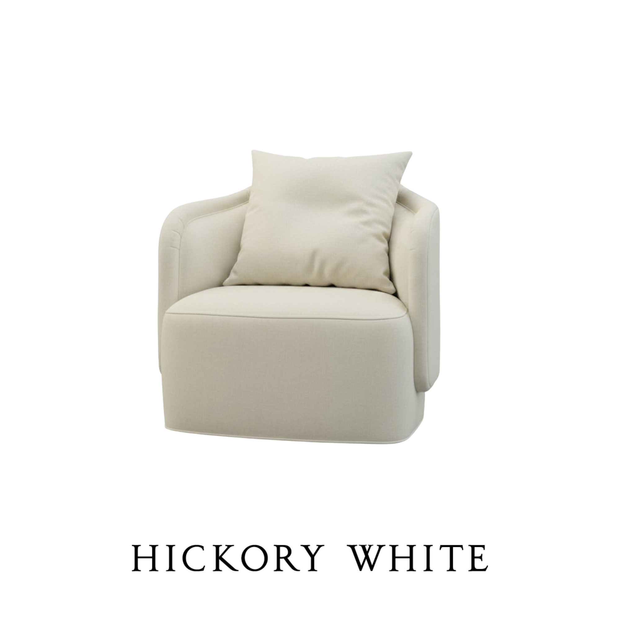 Custom fabric swivel armchair and a pillow sourced from Hickory White.