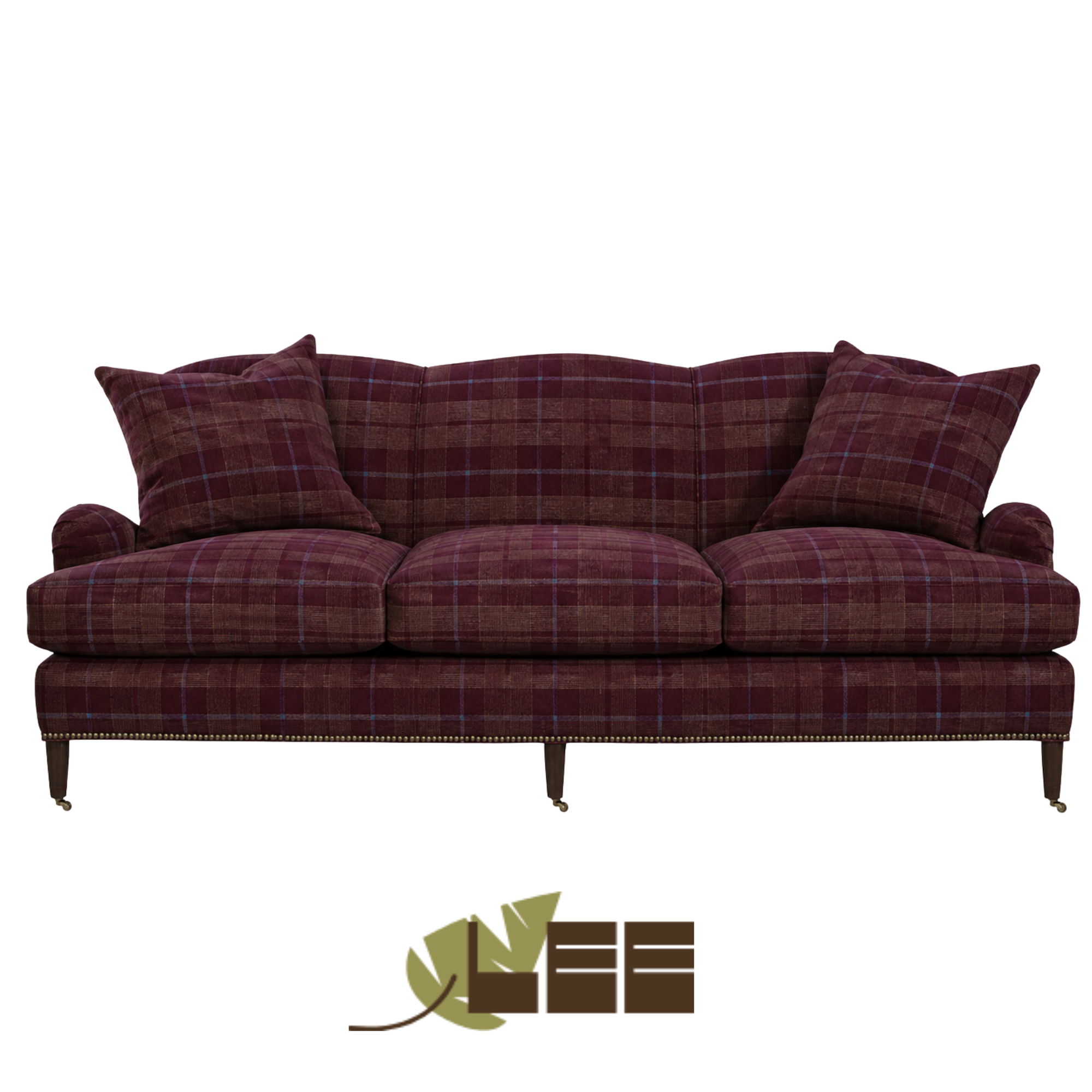 A custom upholstered vintage-style LEE Industries sofa with a dark red plaid fabric from Sister Parish.