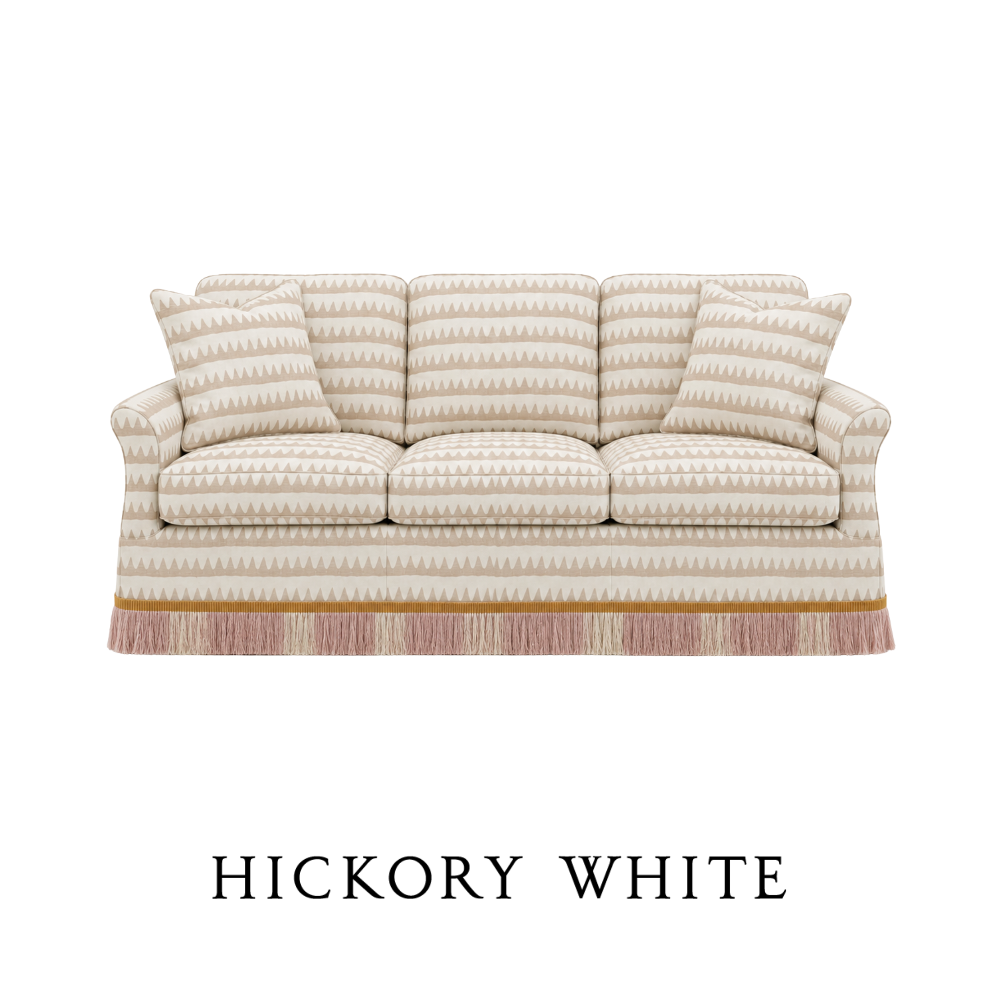 A beige and white striped sofa with matching pillows, with Schumacher fabric COM custom made by Hickory White.
