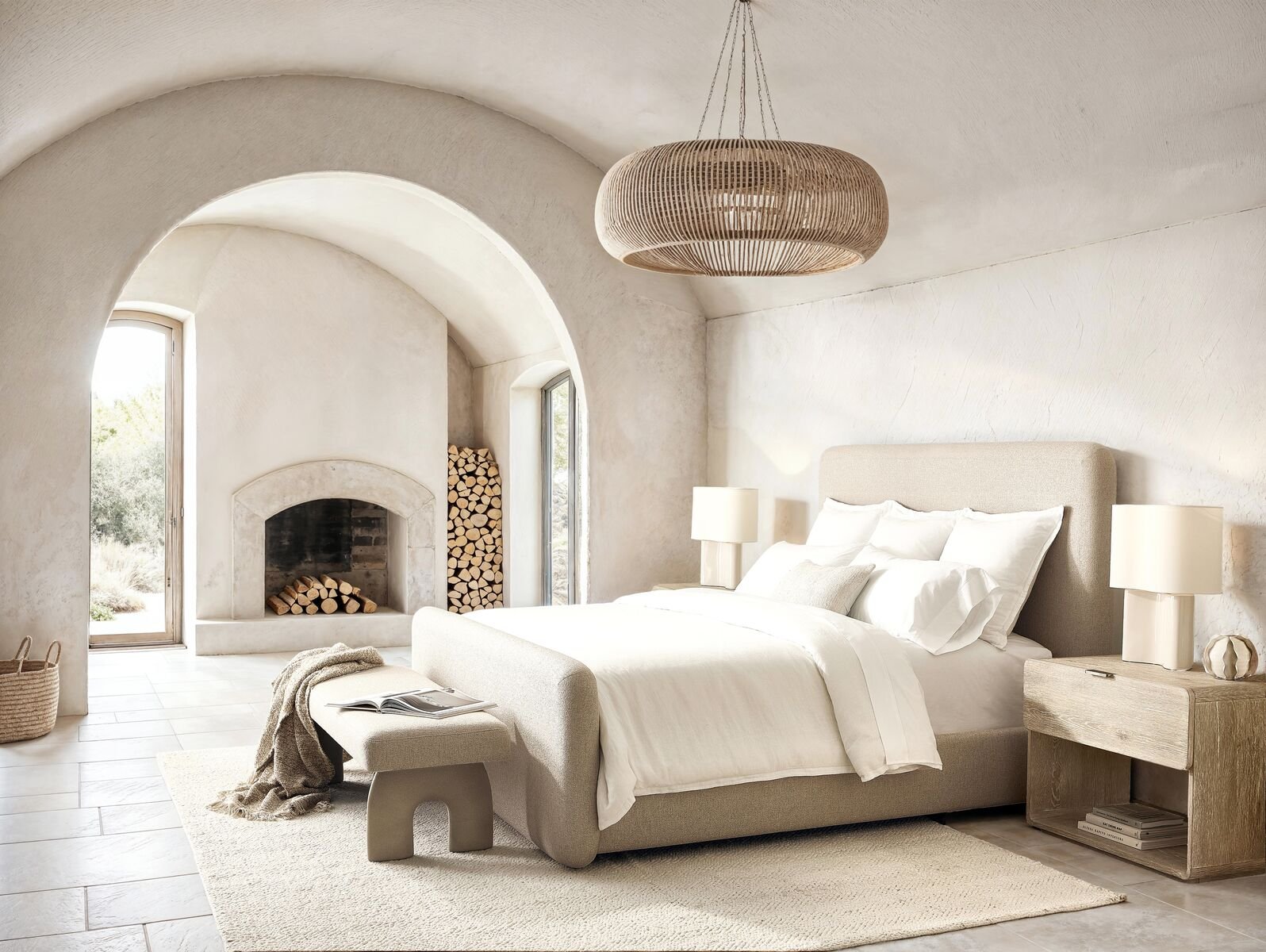A bright, minimalist bedroom with a large bed, white bedding, and matching nightstands with lamps. There is a cozy corner with a wood-burning fireplace and stacked firewood, along with a small woven basket nearby. Natural light streams in through tall, arched windows, and a modern rattan chandelier hangs from the ceiling.