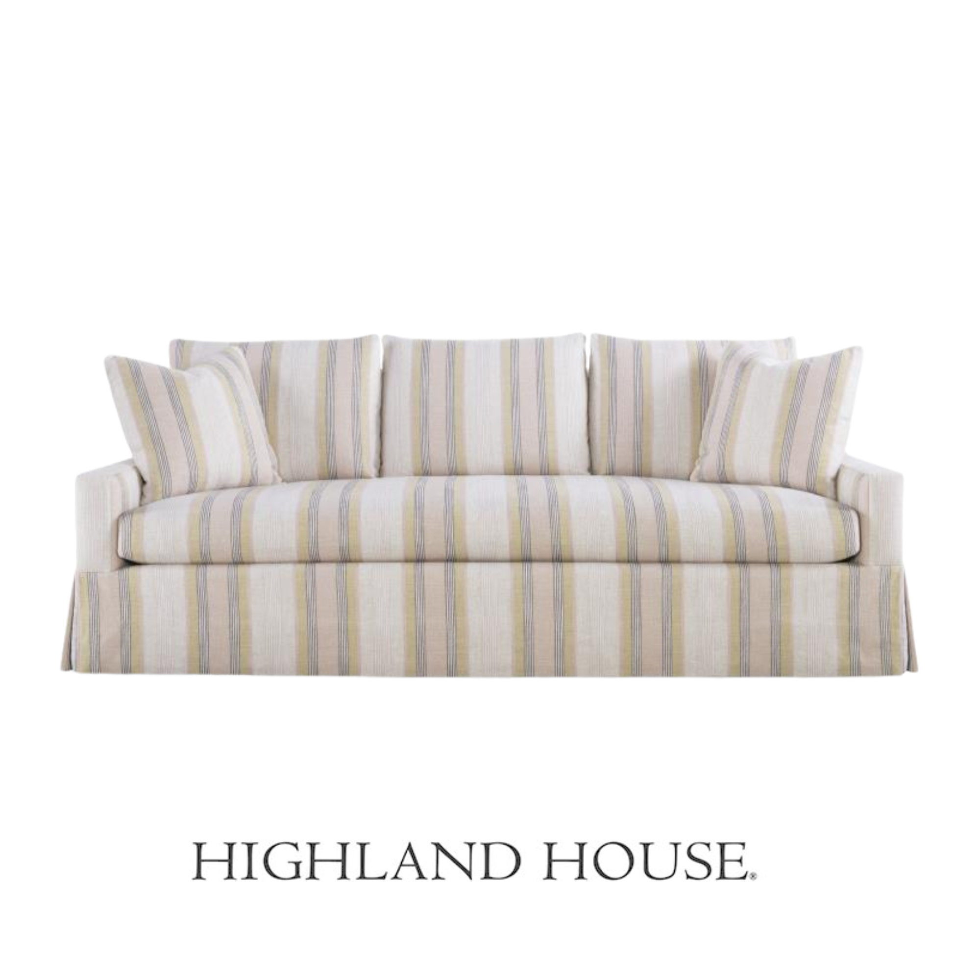 A custom Highland House Sofa with beige, yellow, and gray striped upholstery.