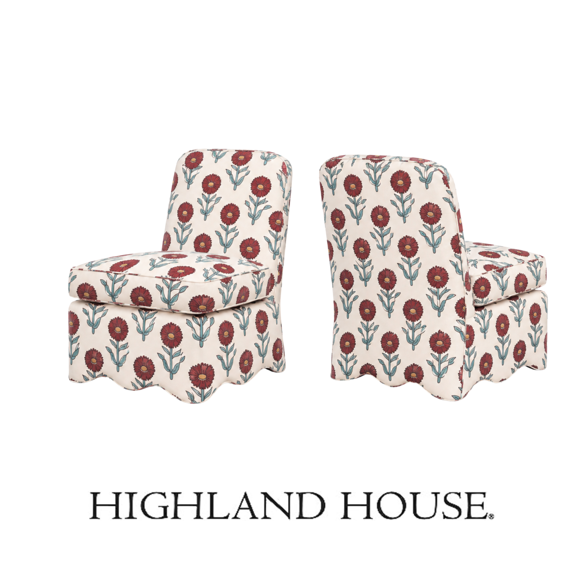 Two armless Highland House Chairs with custom upholstered floral pattern from Kerry Joyce textiles.