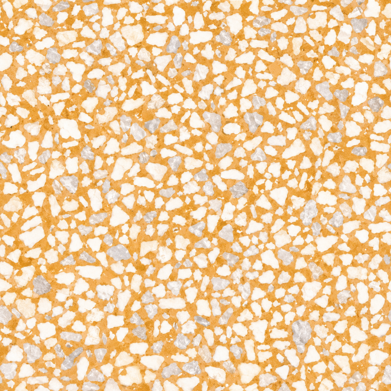 Close-up of a speckled terrazzo flooring with orange, white, and gray chips.