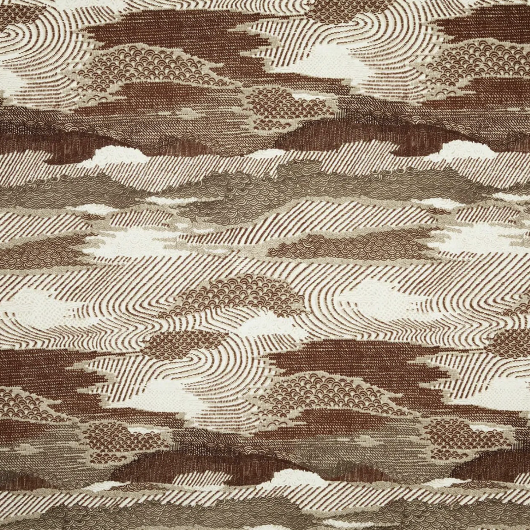 A detailed pattern resembling clouds or mountains in shades of brown and cream, created with intricate line work and various textures.