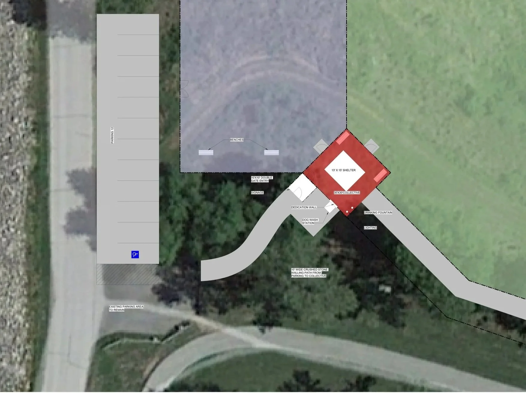 A site plan with labeled areas including a parking lot, benches, shelter, dedication wall, dog wash station, drinking fountain, and lighting, surrounded by landscaped and grassy areas, with a curved walking path leading to the shelter.