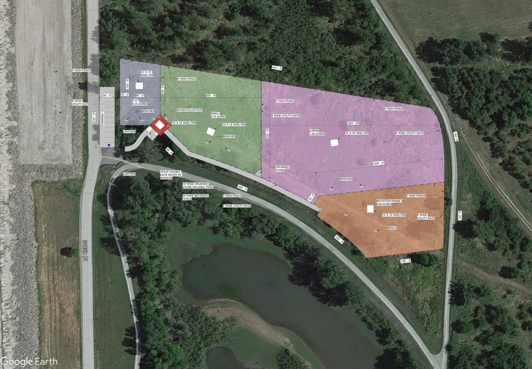 A detailed site plan of a residential or recreational development showing various designated zones with color coding including a green area, purple area, and orange area. The plan includes fencing, gates, benches, shelters, lighting, and walking trails, with measurements for each section and features labeled for construction or landscaping purposes.