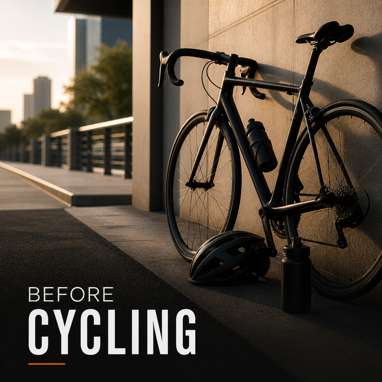 A black road bicycle resting against a wall at sunset, with a helmet and water bottles nearby, and the text 'Before Cycling' at the bottom.