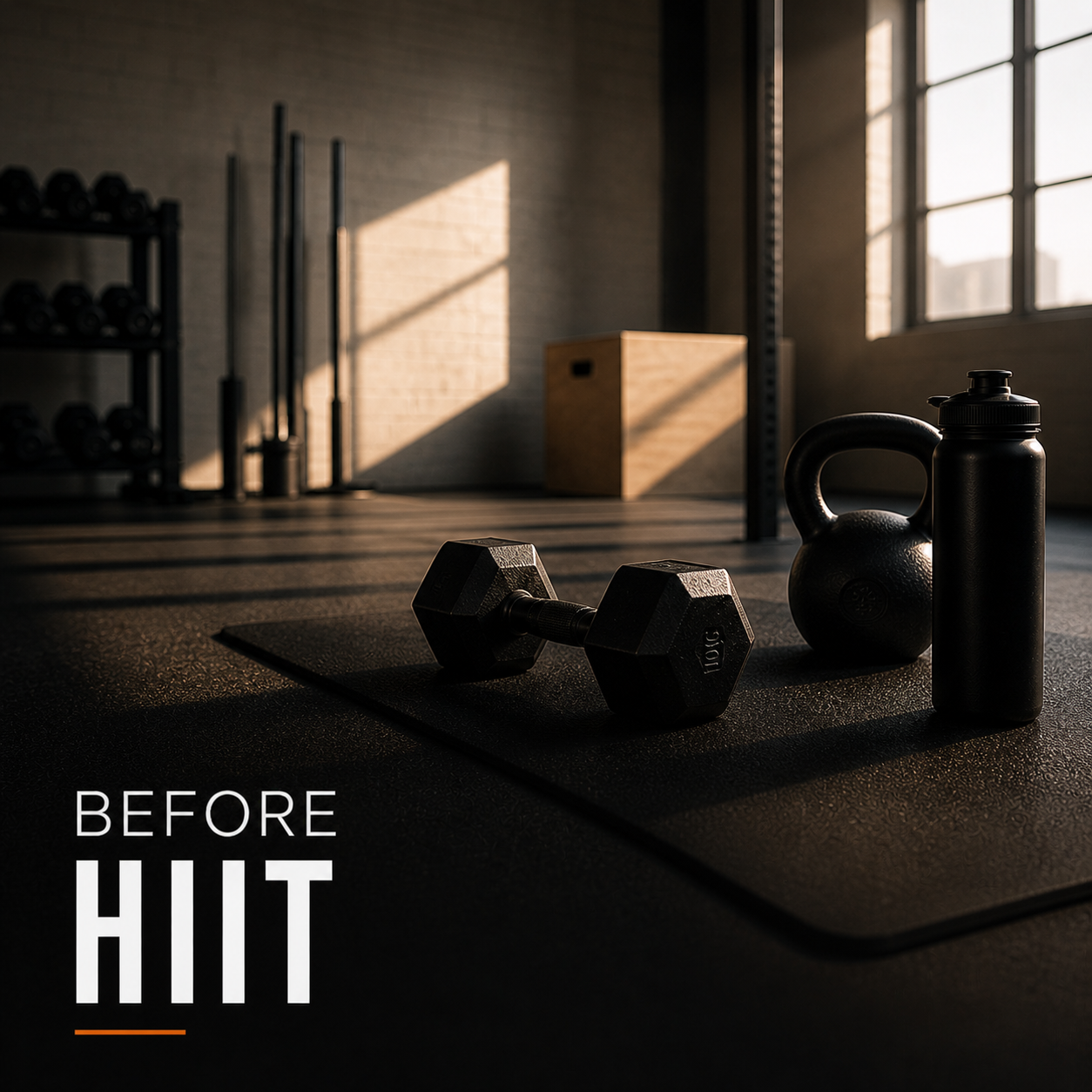 Gym equipment including a dumbbell, kettlebell, and water bottle on a workout mat in a workout room with sunlight streaming through large windows and a rack of more weights in the background.