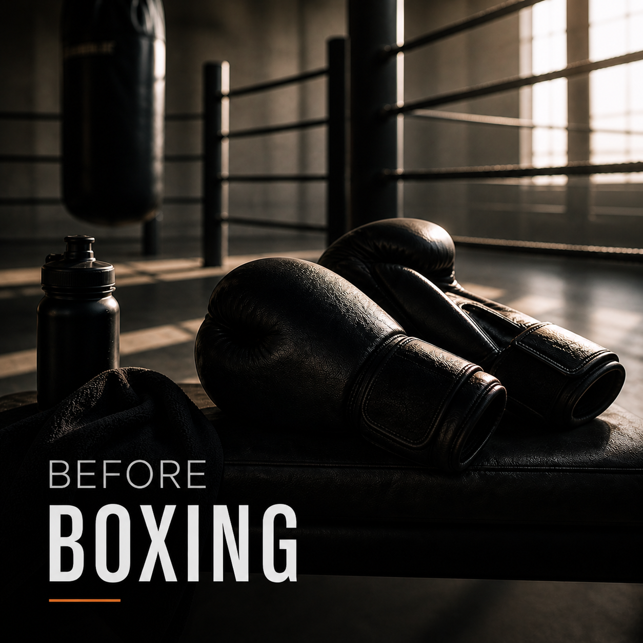 Pair of black boxing gloves, a water bottle, and a black cloth on a bench inside a boxing gym with a punching bag in the background, labeled "Before Boxing".