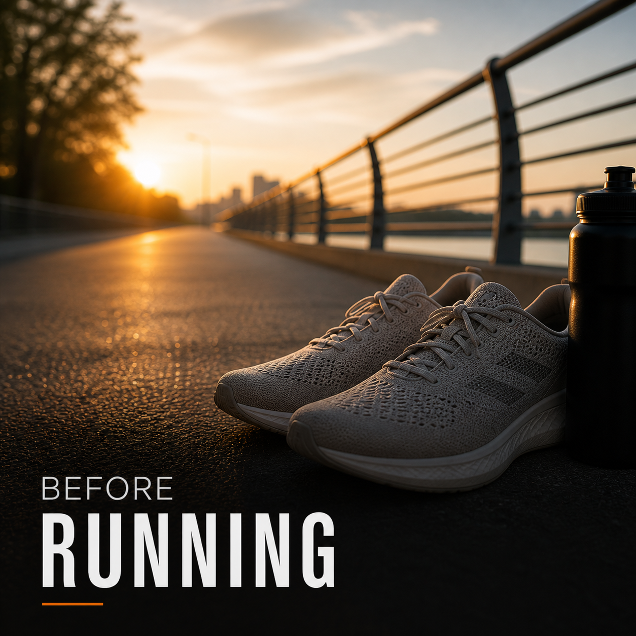 Running shoes and water bottle placed on an outdoor path at sunrise, with a river and city skyline in the background. Text overlay says "Before Running."