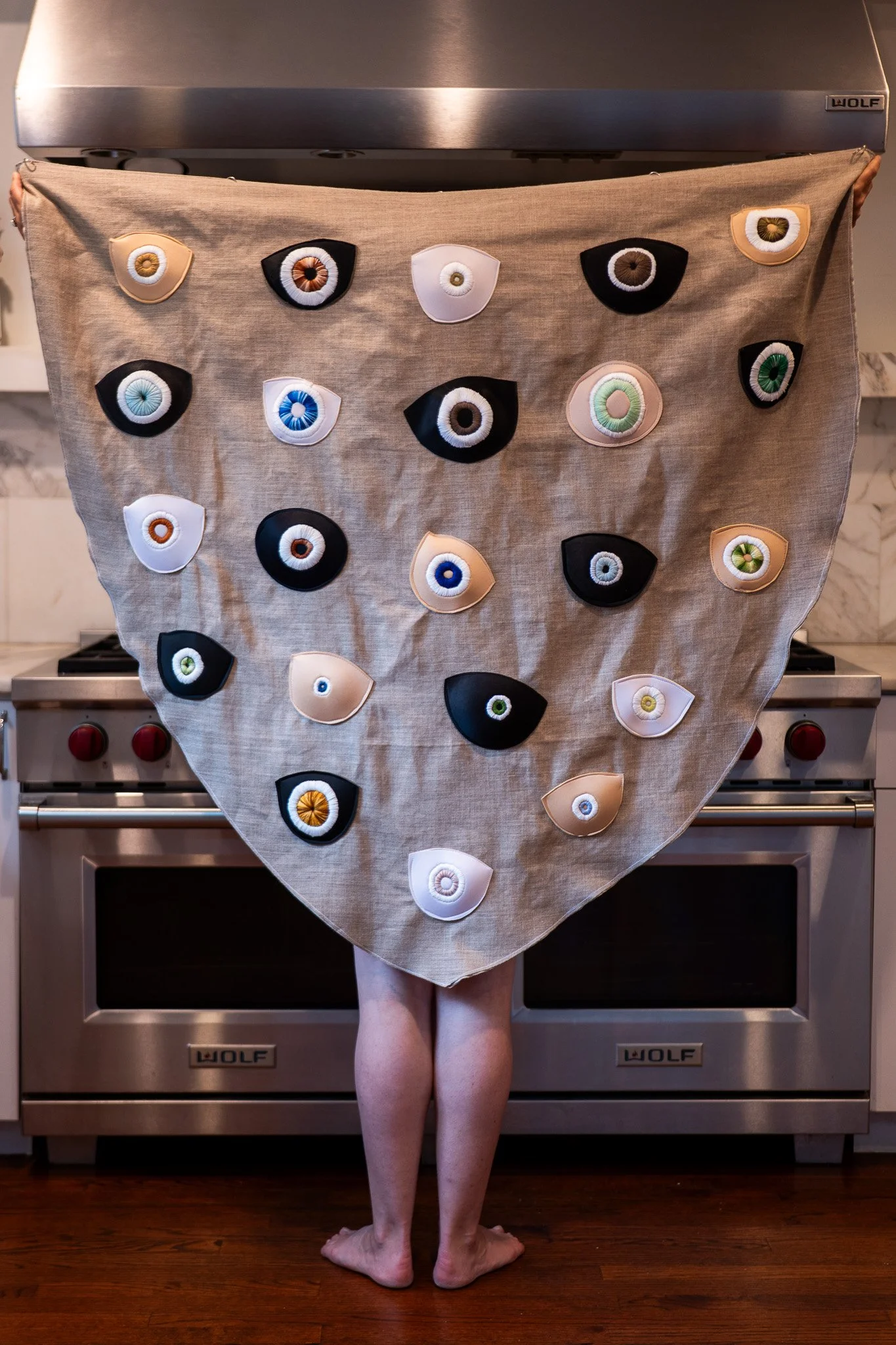You have such beautiful eyes, 2023. Embroidery on bra pads, sewed on linen - 140 x 100 cm / 55 x 39.3 in
