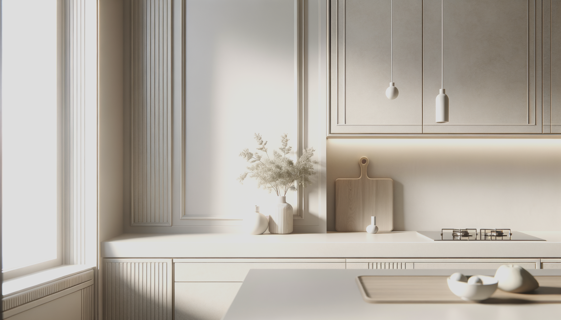 Cuisine moderne en style minimaliste avec un plan de travail blanc, des vases blancs, un plateau avec des bols, des placards gris clair, et un éclairage intégré, lumière naturelle entrant par une grande fenêtre.