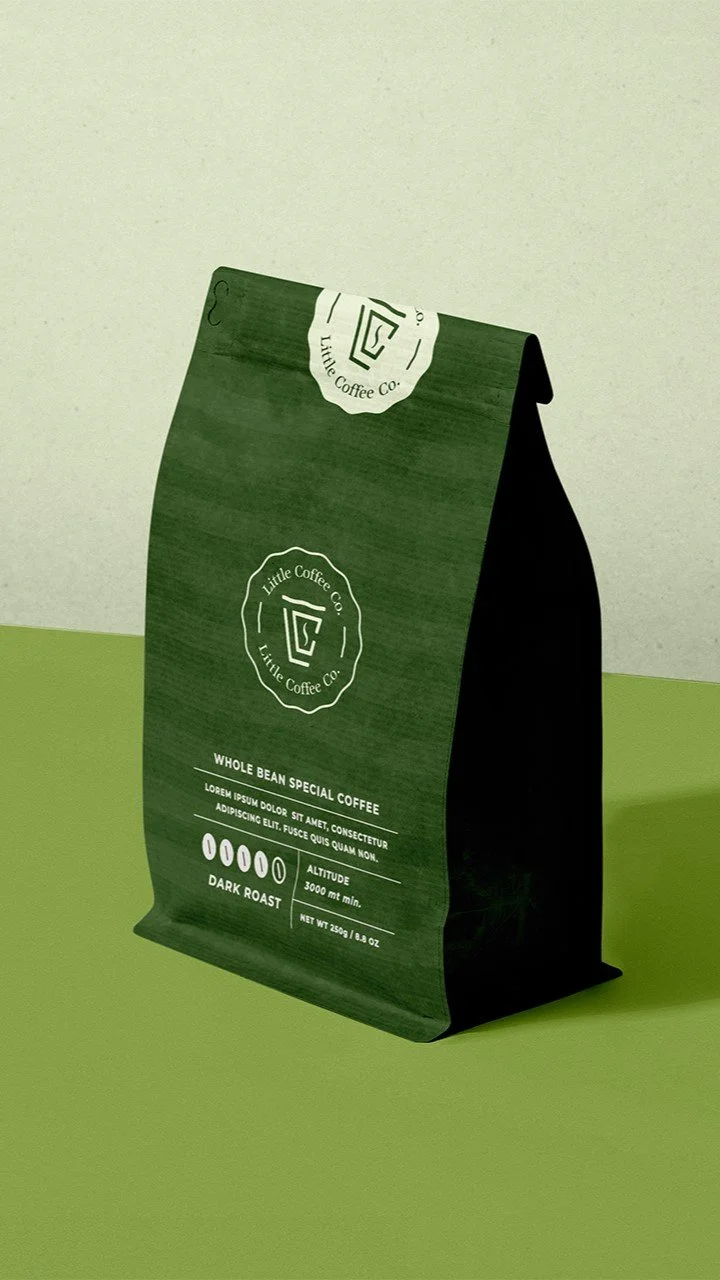 Green Little Coffee Co coffee bag, part of a mobile coffee cart experience in Madison, WI