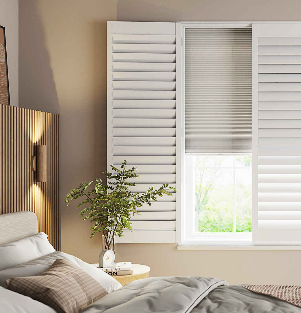 Patoma white Faux Wood Lite composite full height window shutters in a contemporary bedroom, featuring waterproof construction and adjustable louvres for privacy, natural light control and a clean modern finish.