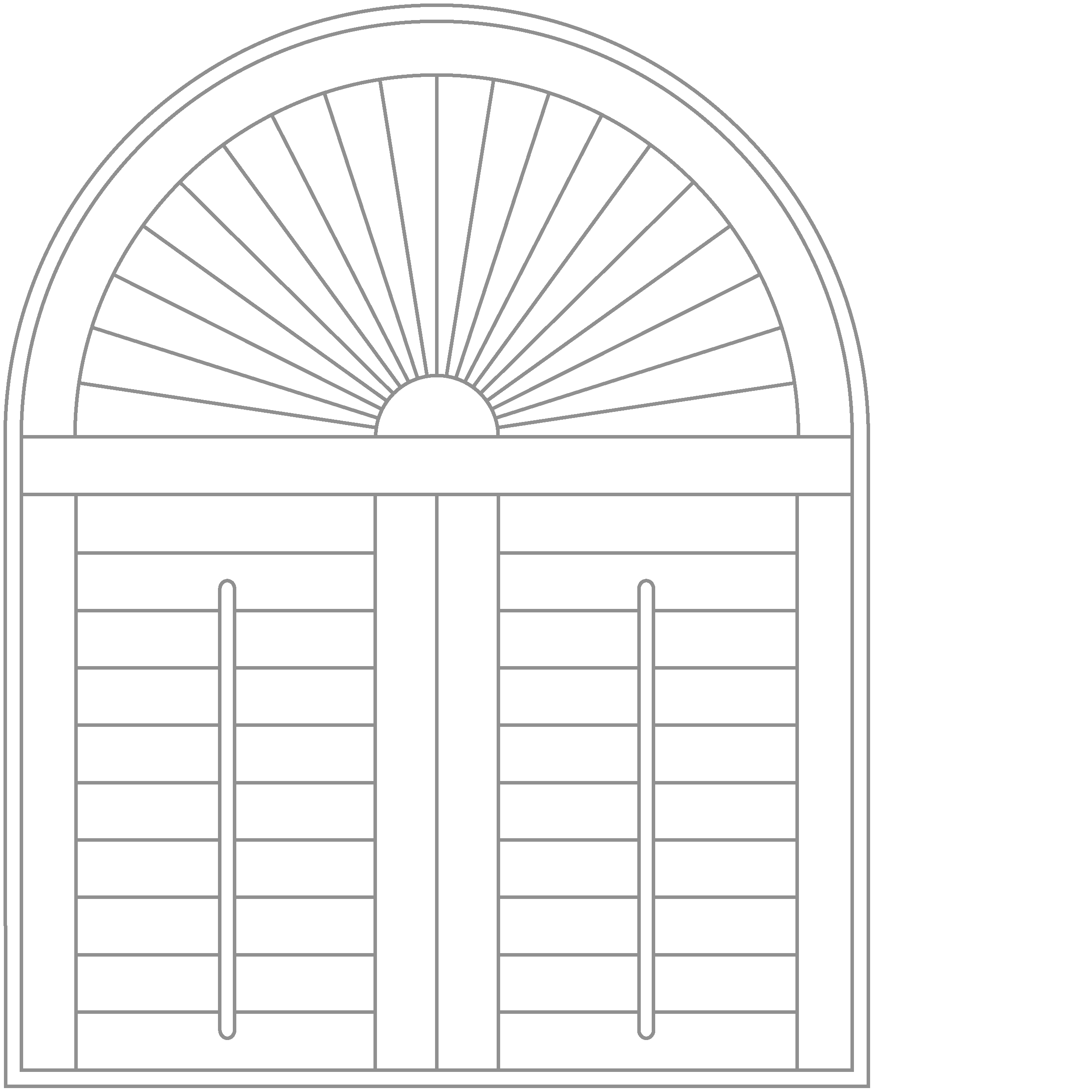 Bespoke shaped window shutter diagram showing an arched sunburst design with full height louvred panels.