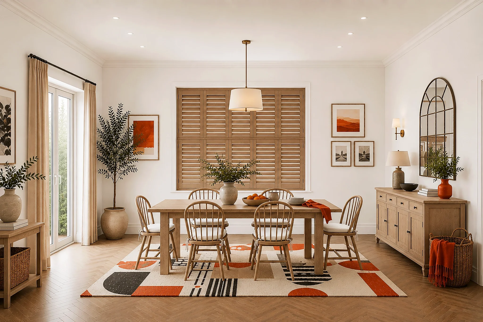 Natural wood tier-on-tier window shutters with 64mm louvres and hidden tilt rods in a contemporary dining room.