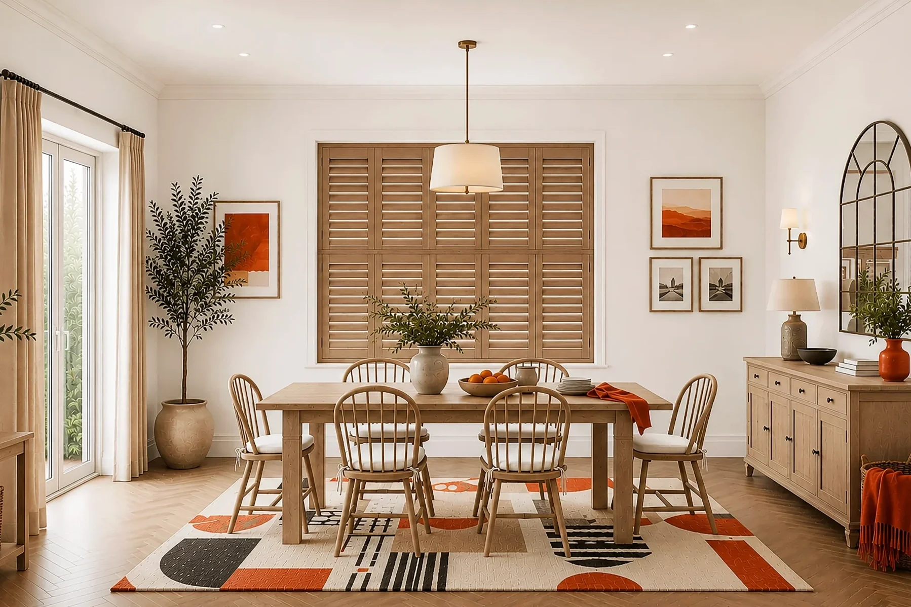 Natural wood tier-on-tier window shutters with 64mm louvres and hidden tilt rods in a contemporary dining room.
