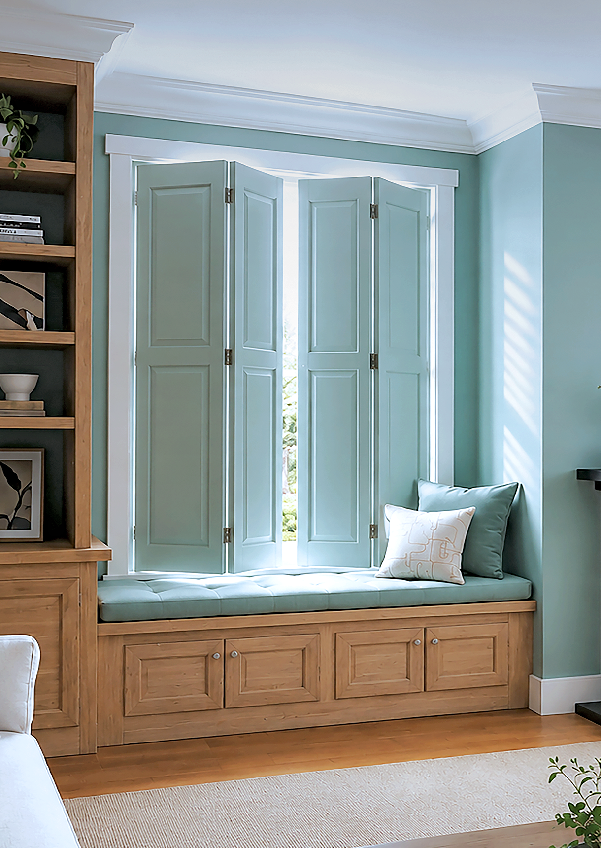Solid raised panel window shutters fitted above a built-in window seat in a contemporary living room.