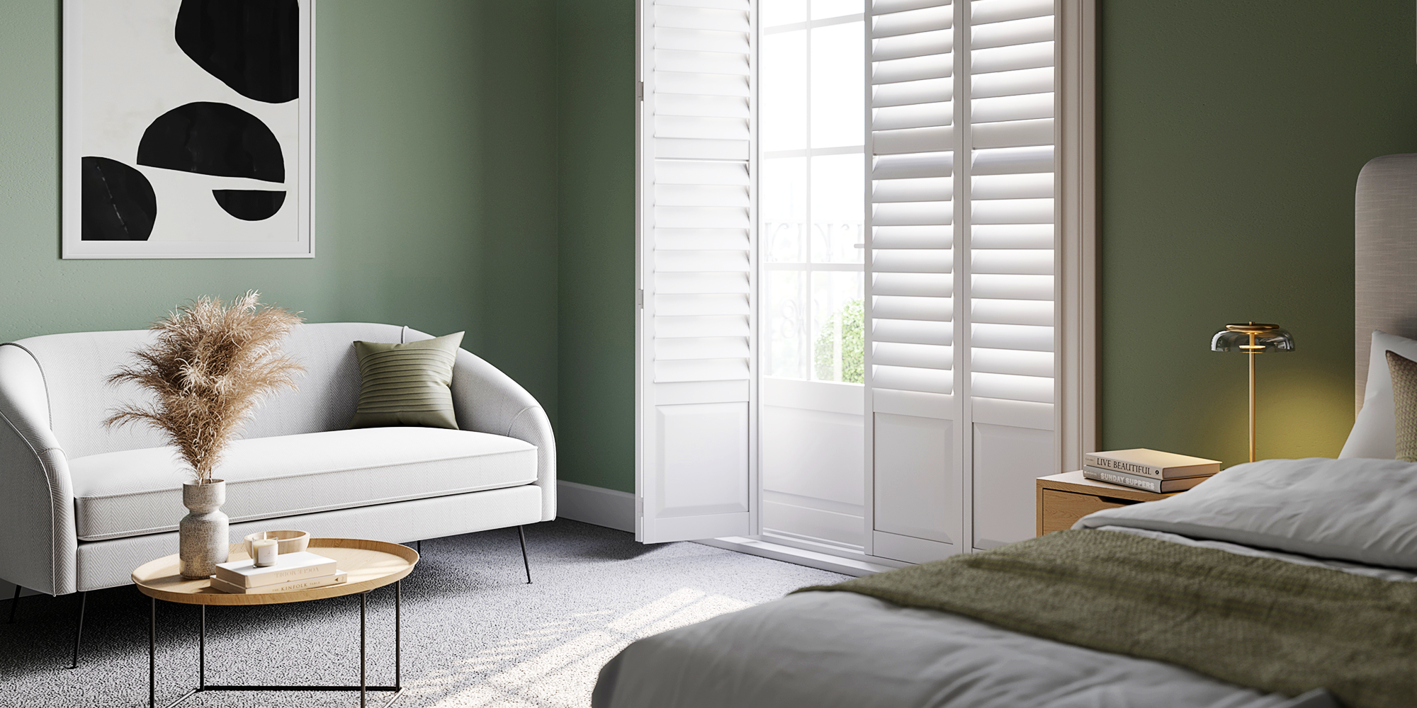 Patoma white composite full height window shutters in a contemporary bedroom, featuring waterproof construction and adjustable louvres for privacy and natural light control.