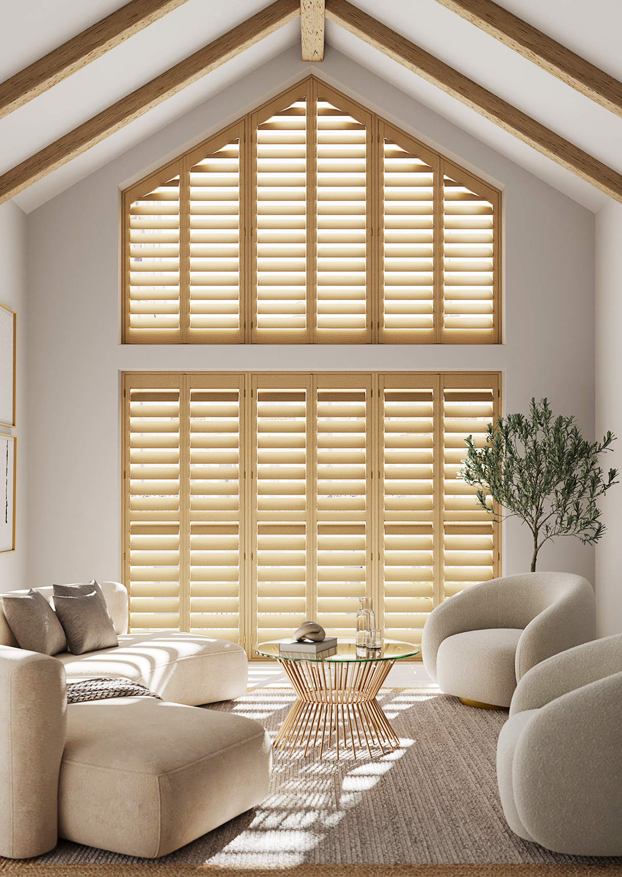 Bespoke shaped natural wood window shutters fitted to a gable end window in a contemporary living room.