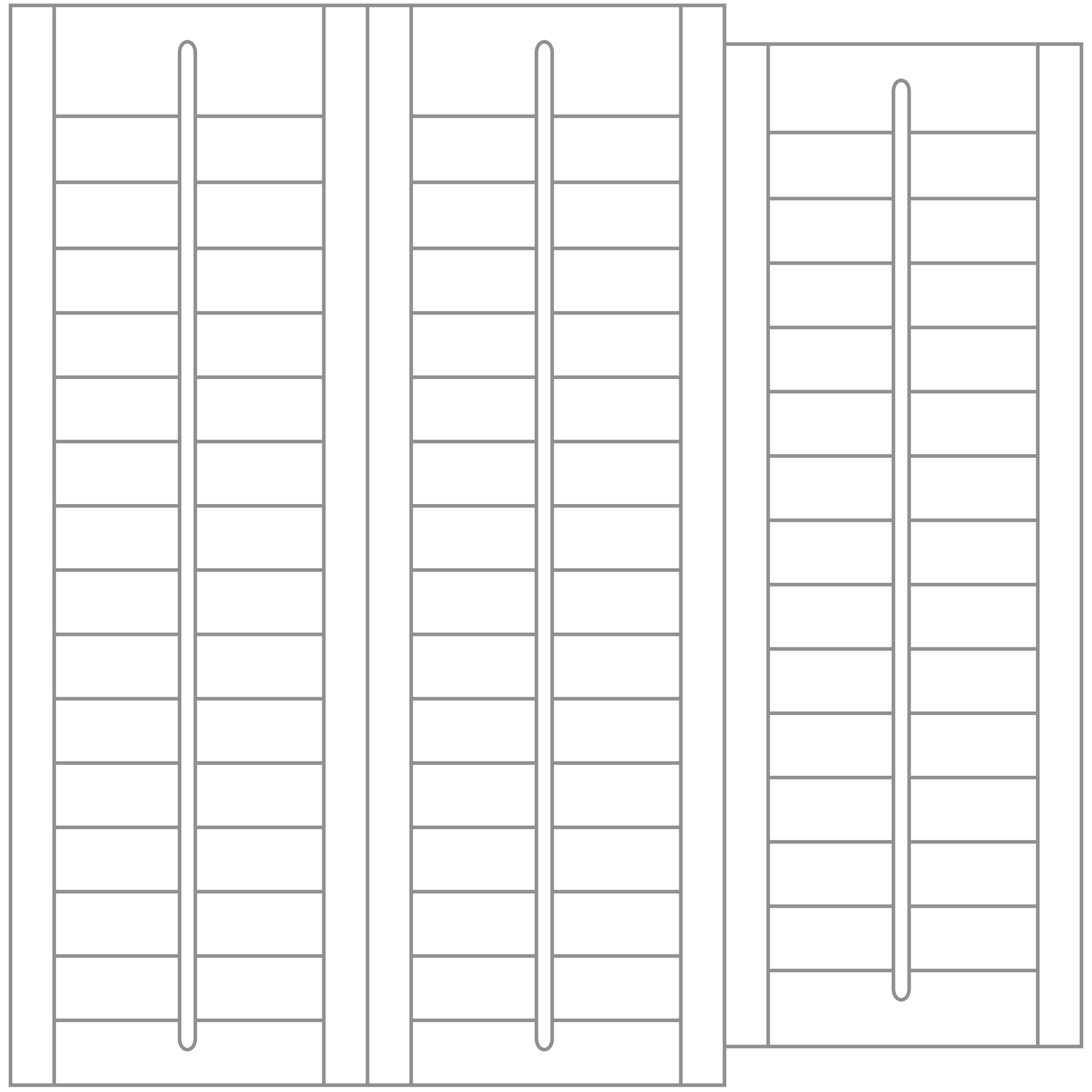 Tracked window shutter system diagram showing multiple full height louvred panels with central tilt rods.