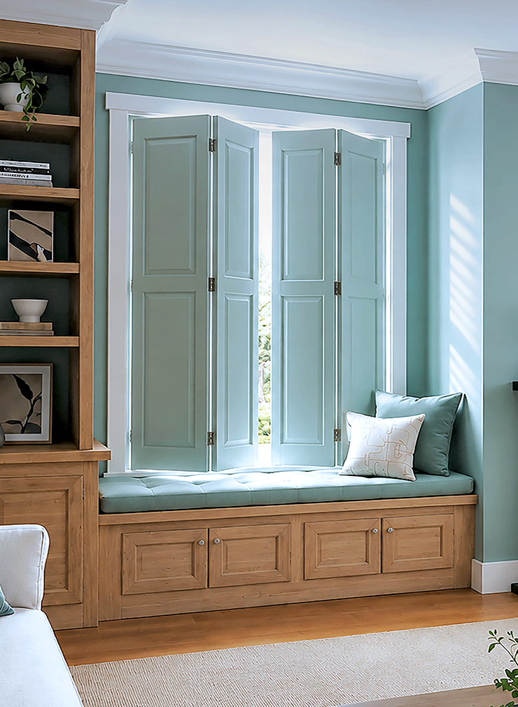 Solid raised panel window shutters fitted above a built-in window seat in a contemporary living room.