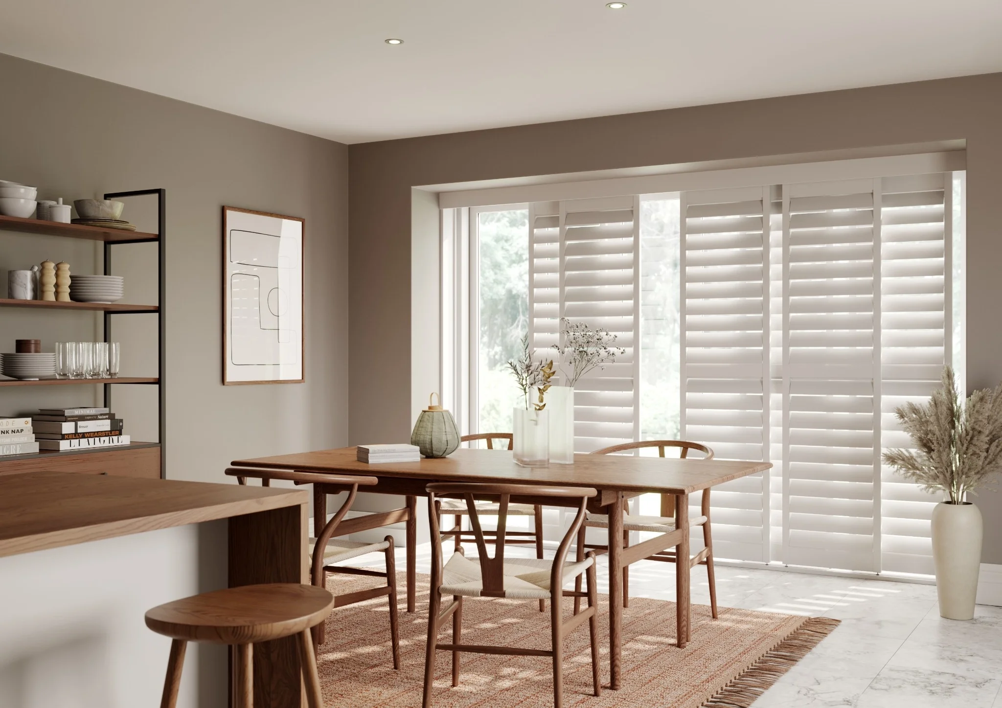Patoma white café style plantation shutters fitted to a contemporary window seat, allowing natural daylight through the upper glazing while maintaining privacy with bespoke made-to-measure shutters.