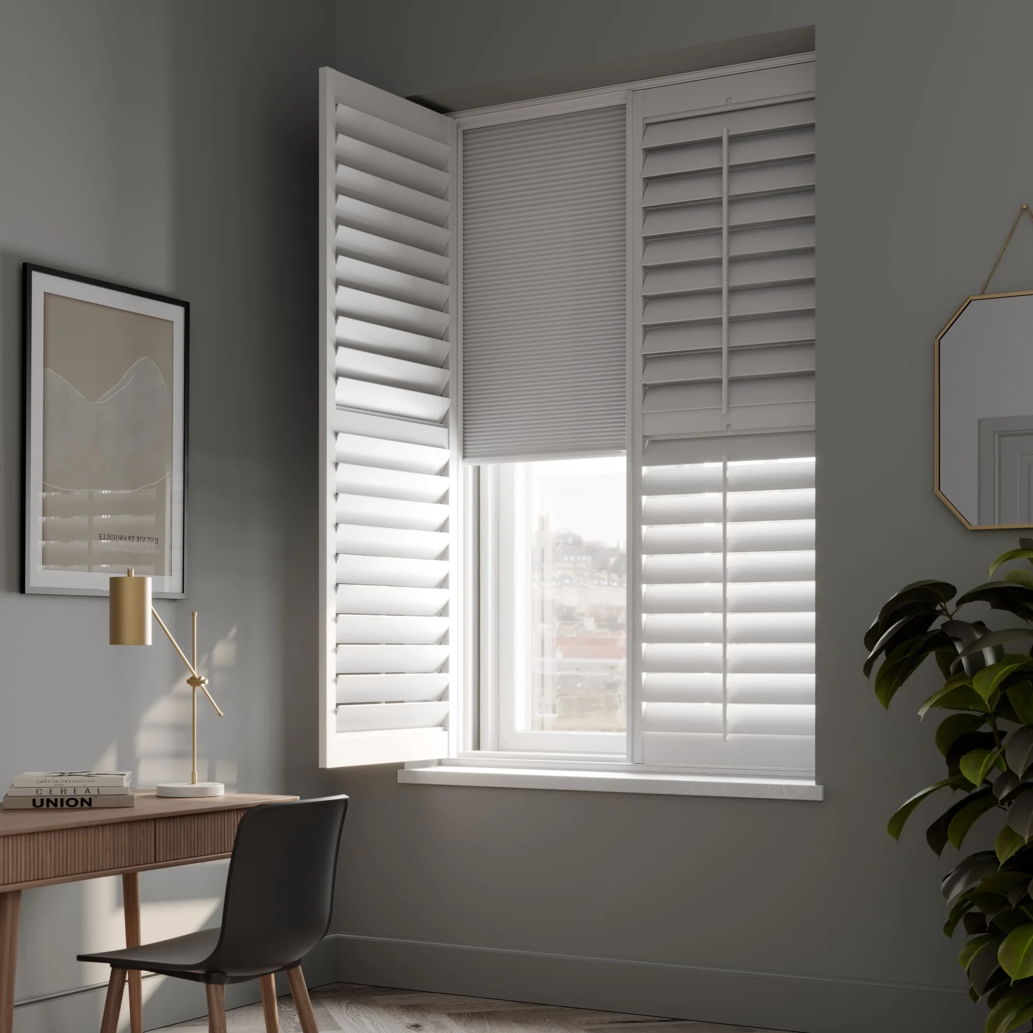 White plantation shutters with integrated blinds and 89mm louvres installed in a contemporary home office by Patoma.