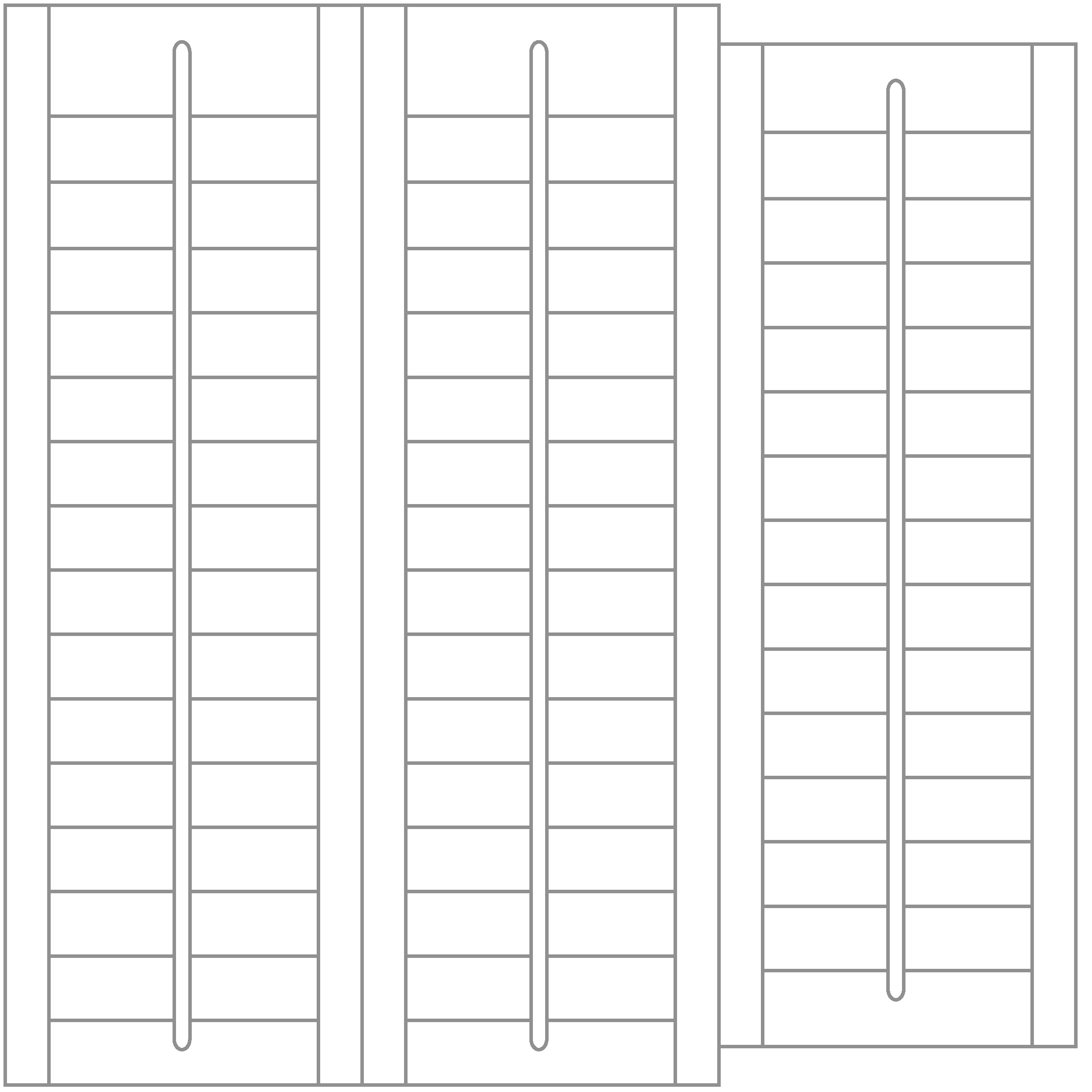 Tracked window shutter system diagram showing multiple full height louvred panels with central tilt rods.