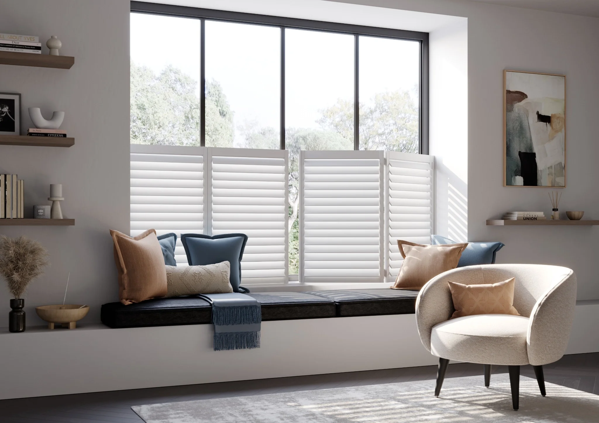Patoma white café style plantation shutters fitted to a contemporary window seat, allowing natural daylight through the upper glazing while maintaining privacy with bespoke made-to-measure shutters.
