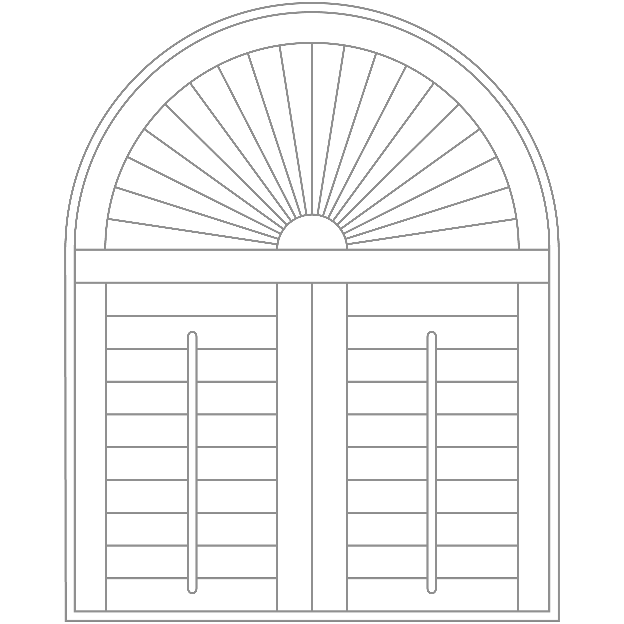Bespoke shaped window shutter diagram showing an arched sunburst design with full height louvred panels.