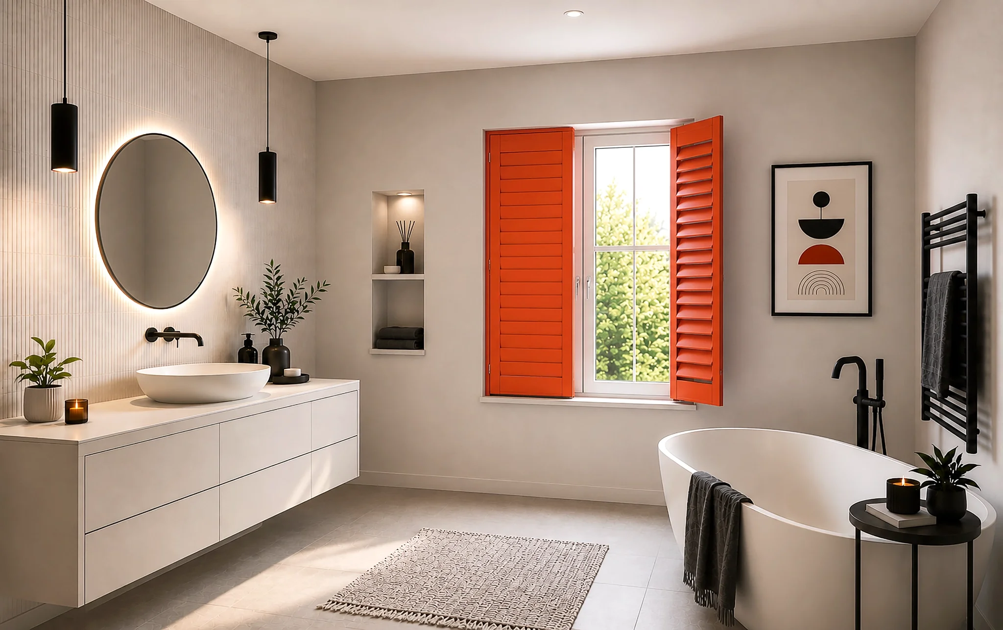 Orange full height window shutters with 64mm louvres and hidden tilt rods in a contemporary bathroom.