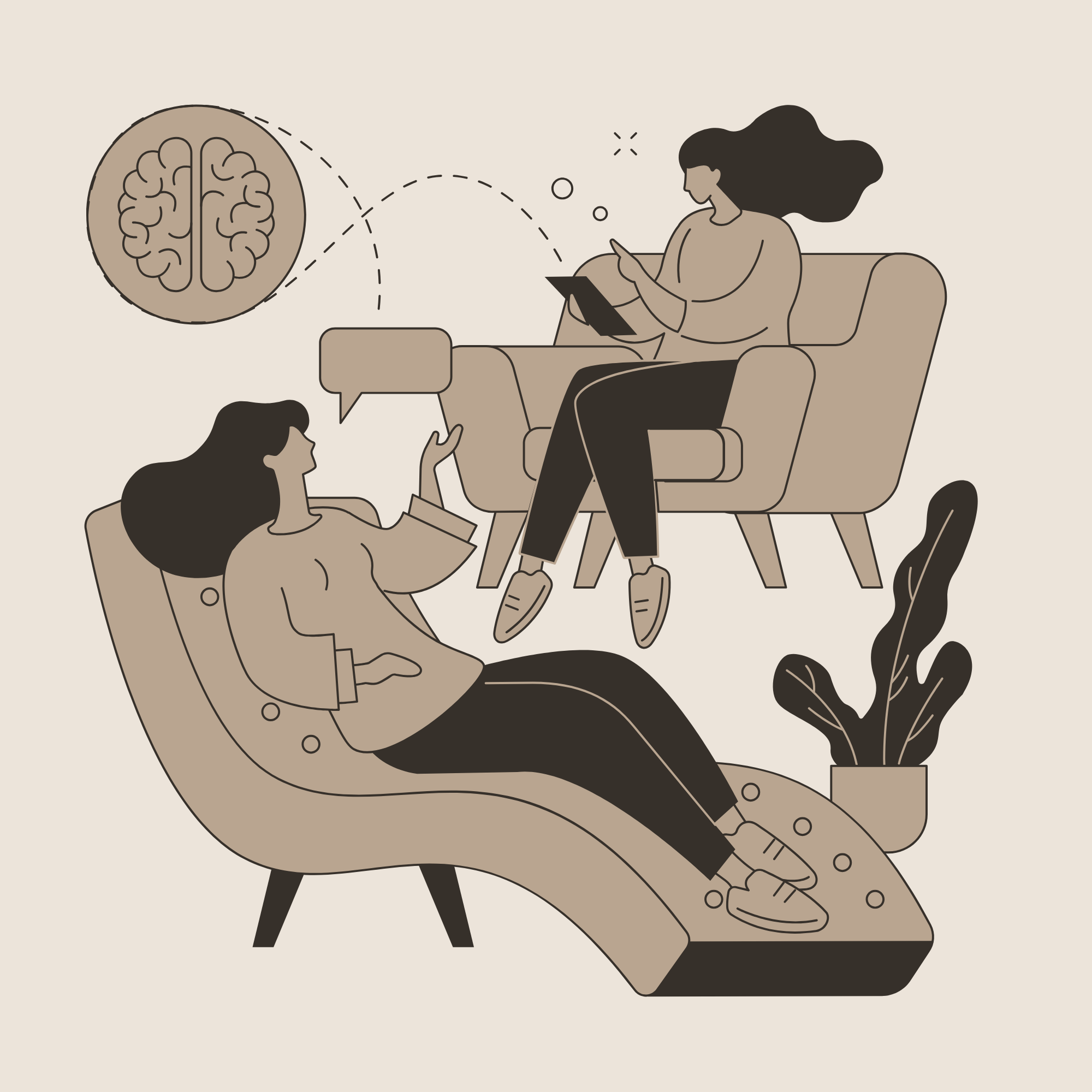 Illustration of a woman sitting on a sofa using a tablet, with a brain icon and a person talking in the background, in a neutral color palette.