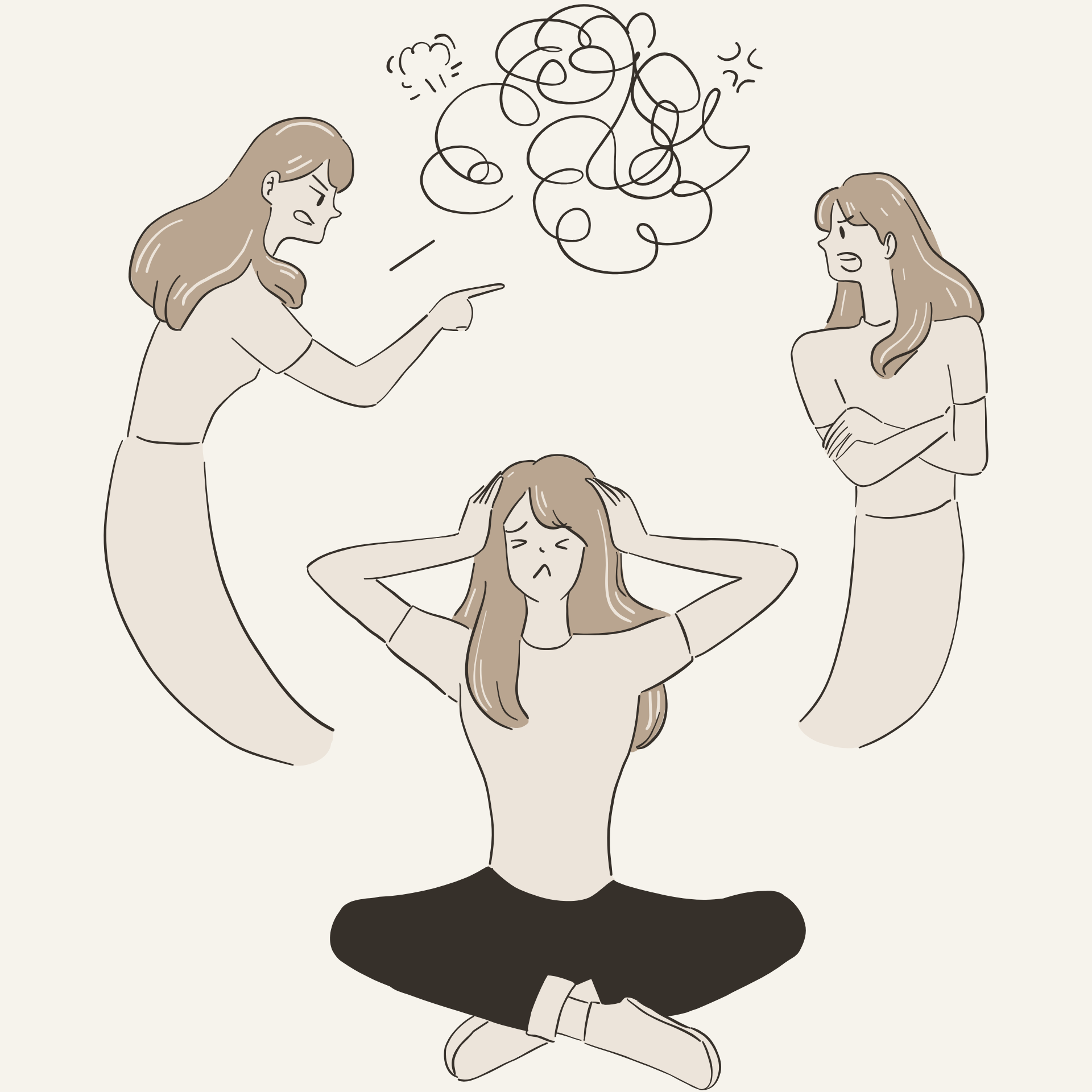 Illustration of a girl sitting cross-legged with a calm expression, her hands behind her head, surrounded by chaotic, tangled lines representing confusion, with several other girls in the background arguing and yelling at each other.