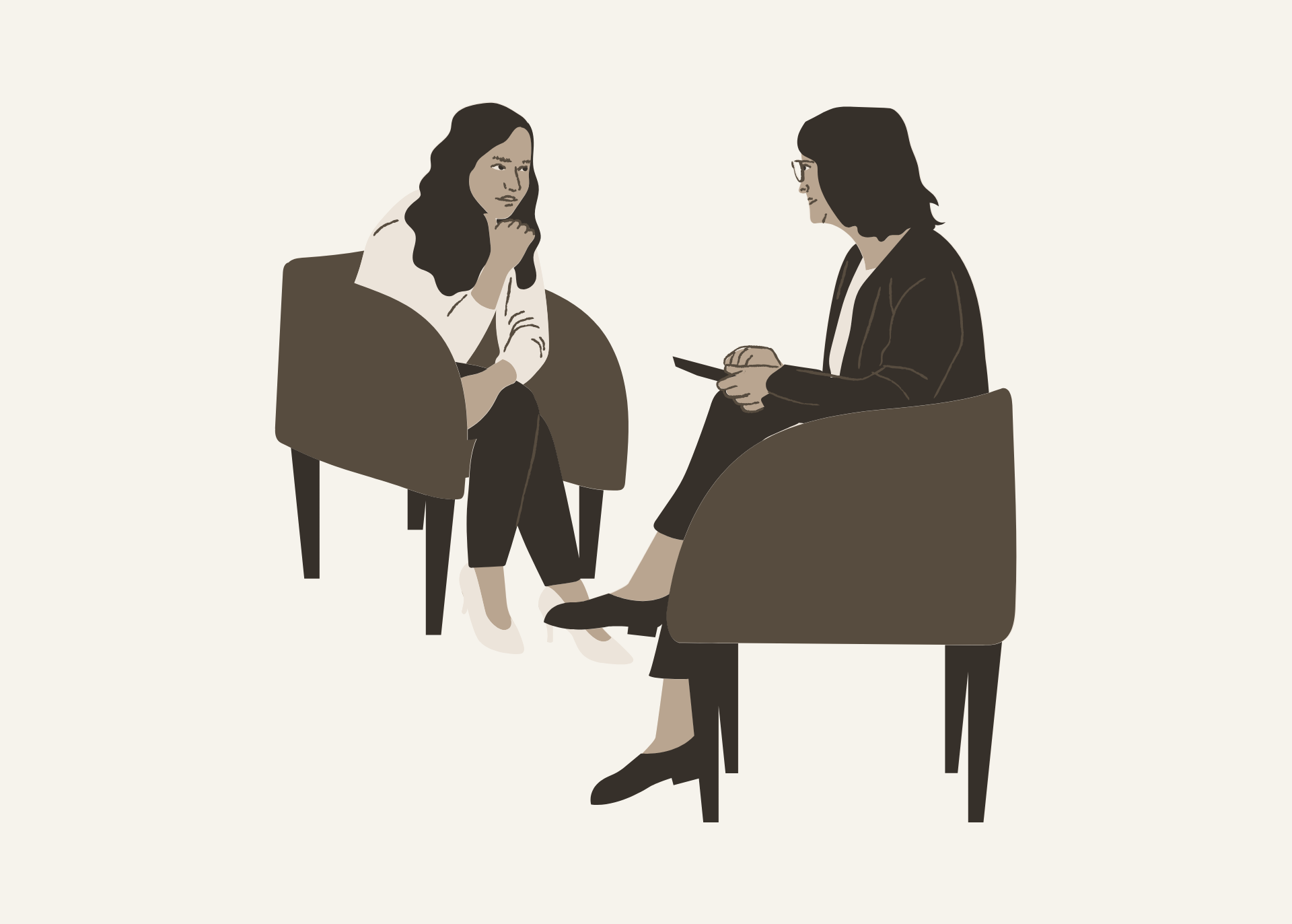 Two women sitting and talking in chairs, one with long dark hair and the other with shoulder-length dark hair and glasses, holding a smartphone.