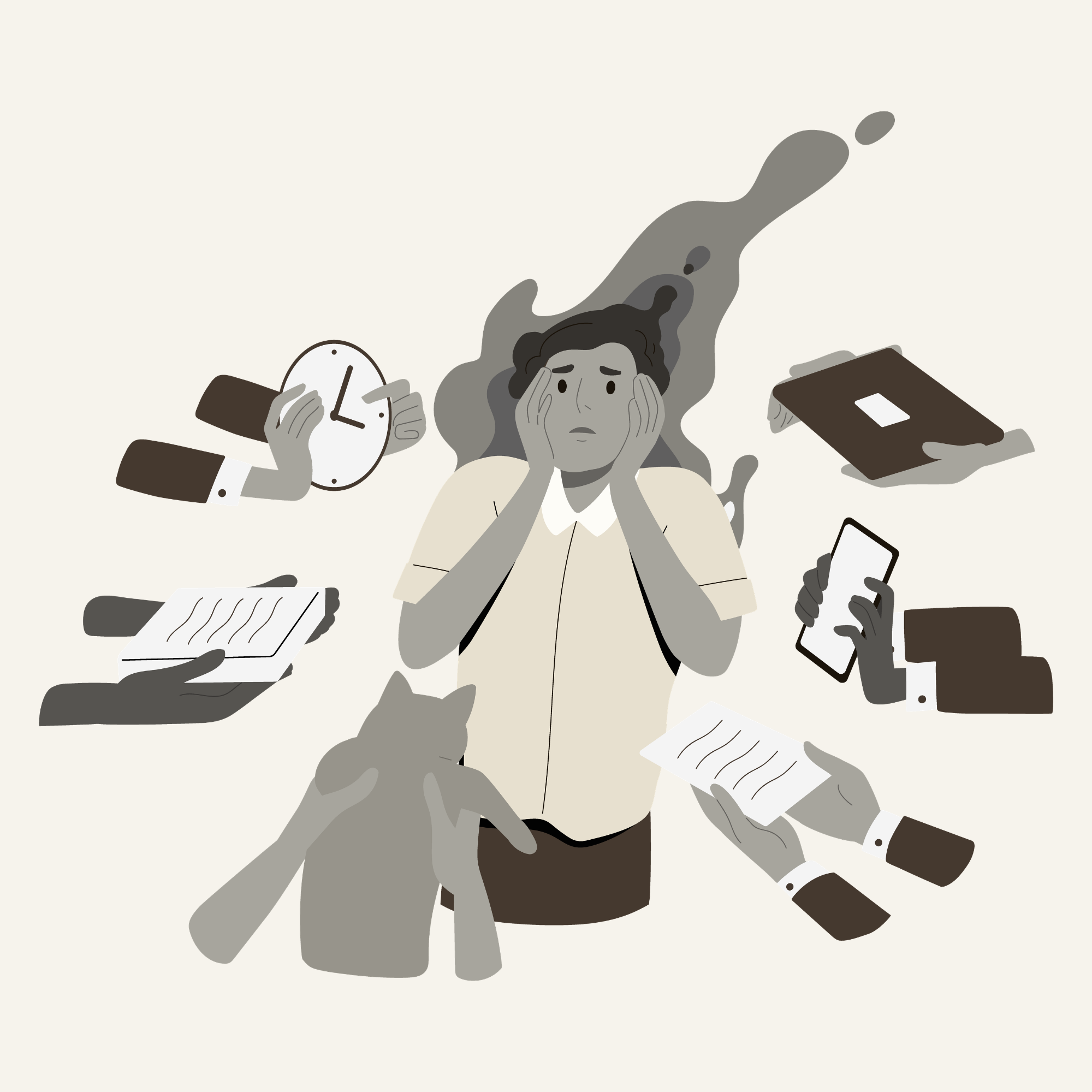 Illustration of a stressed woman surrounded by multiple hands holding phones, a clock, a notebook, and a tablet, depicting a busy or overwhelmed work environment.