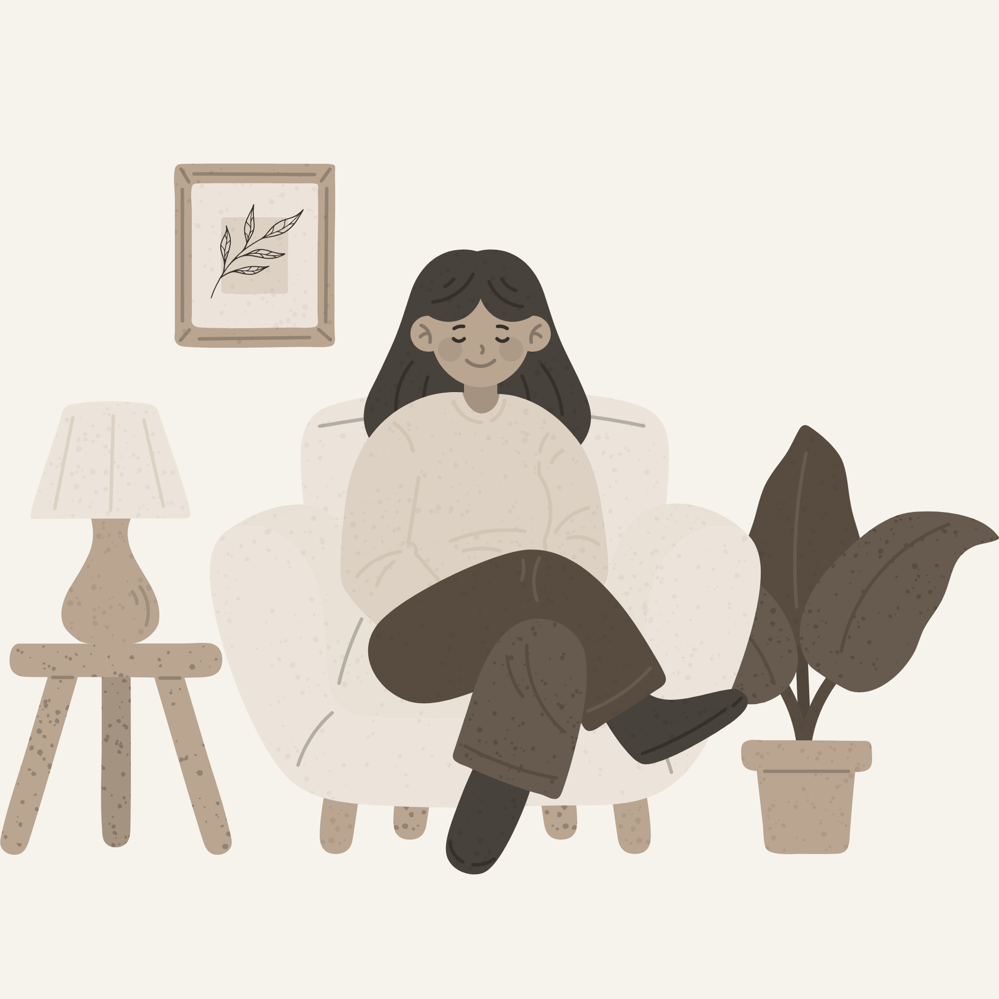 Illustration of a girl with dark hair smiling, sitting at a table with a beige table lamp, a framed plant picture on the wall, and a potted plant.