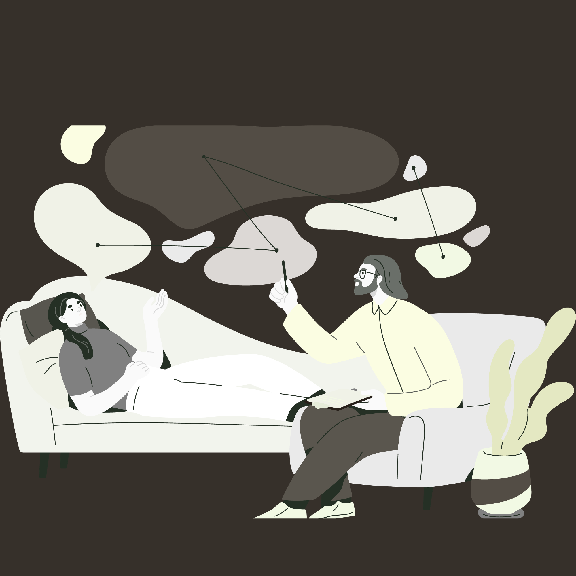 Illustration of two people in a discussion, one woman lying on a couch, and a man holding a pen, with abstract shapes and lines in the background depicting a conversation making connections with different topics.