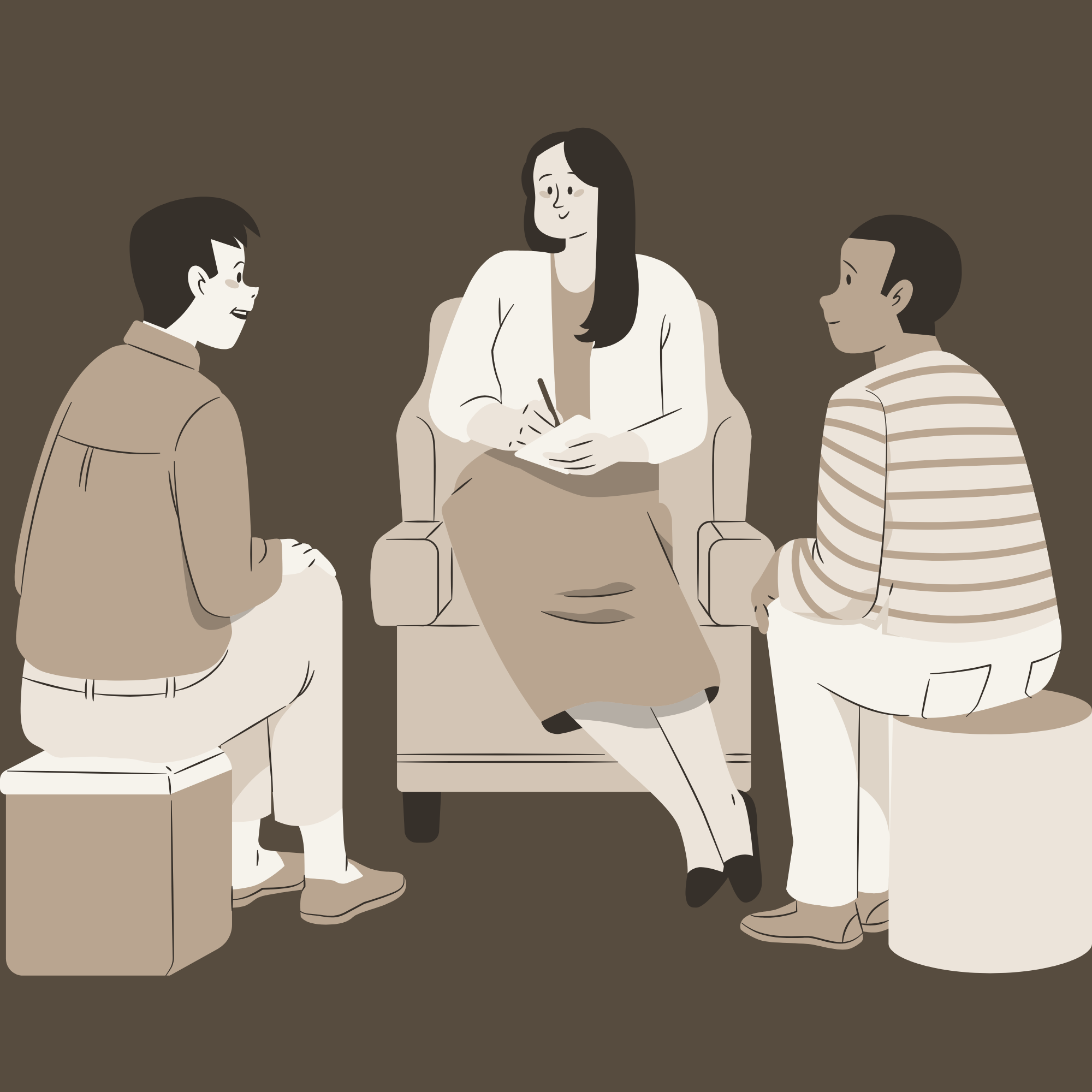 Three people engaged in a conversation around a desk in an office setting, with a woman in the center taking notes.