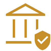 Bank or government building with a shield and checkmark symbol indicating security or protection.