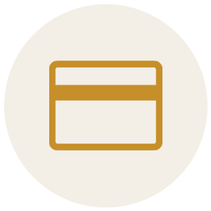 Illustration of a credit card icon with a gold outline on a white background.