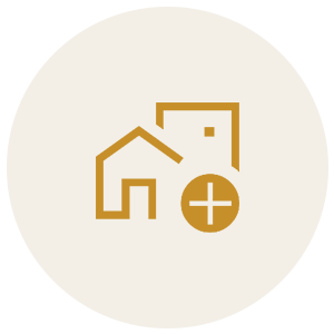 Icon of a house with a plus sign in a circle, representing adding or creating a new home.