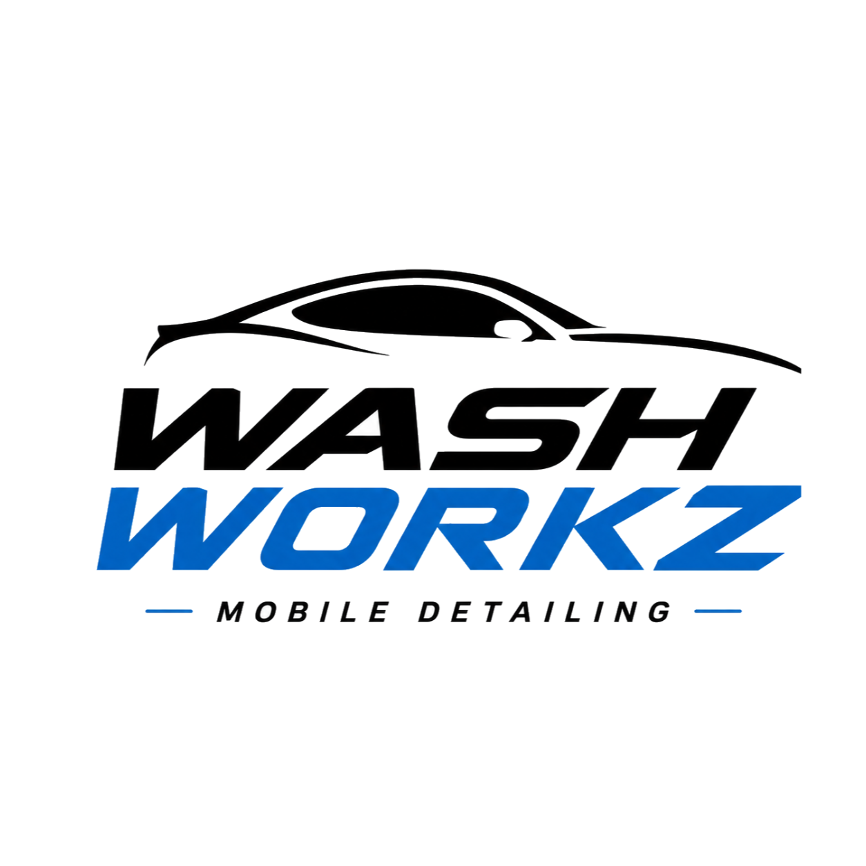 Logo for Wash Workz Mobile Detailing featuring a stylized black car above the company name in black and blue font, with the tagline 'Mobile Detailing' in smaller black text.