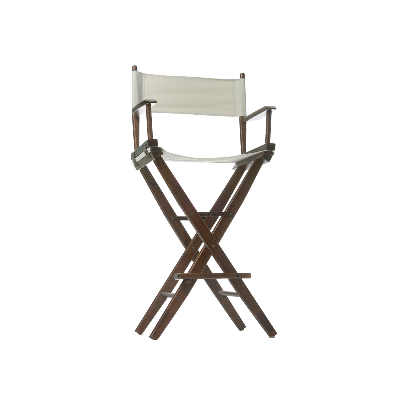 A director's chair with a wooden frame and cream fabric seat and backrest